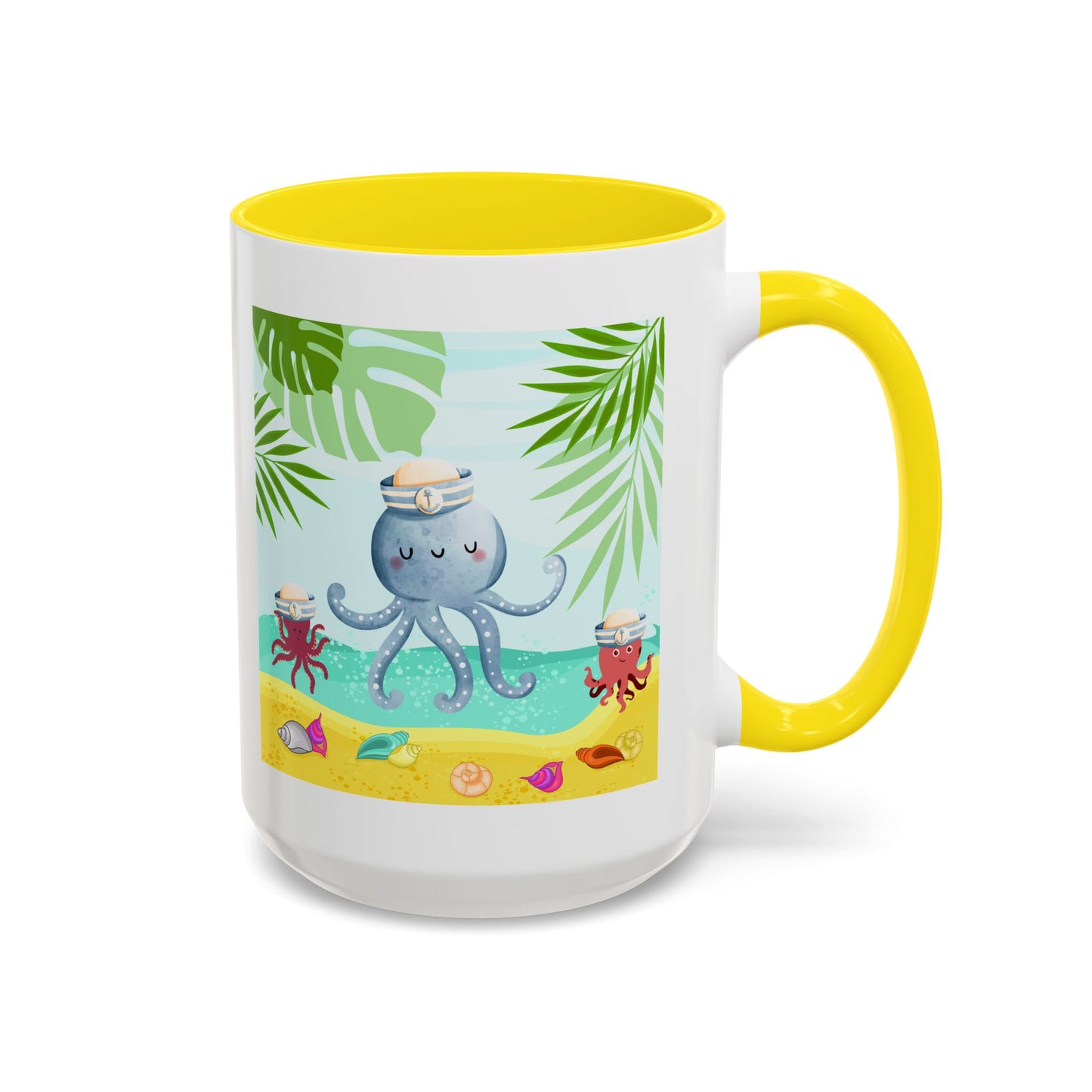 Octopus on a beach scene with tropical Coffee Mug