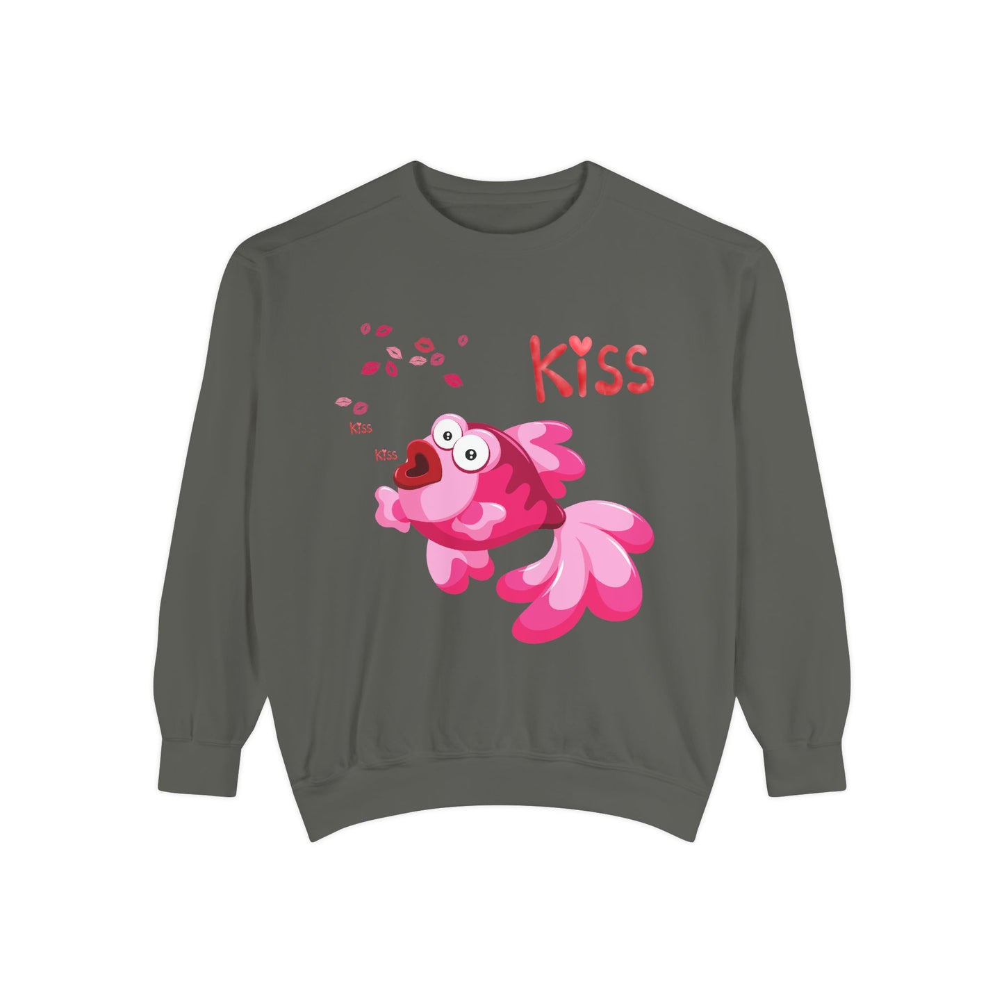 Pink fish with open mouth and kiss Unisex Garment-Dyed Sweatshirt