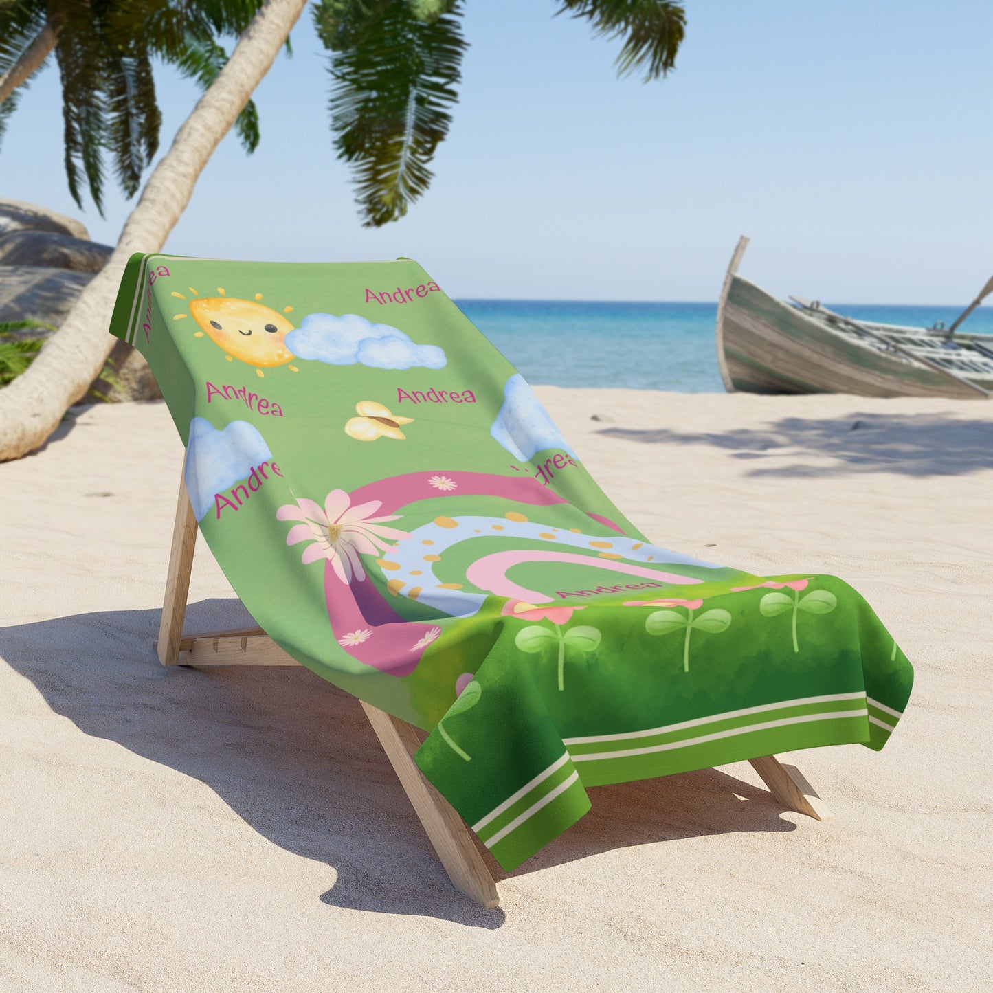 Personalized Kids Rainbow Beach Towel – Cute Sun, Flowers & Name