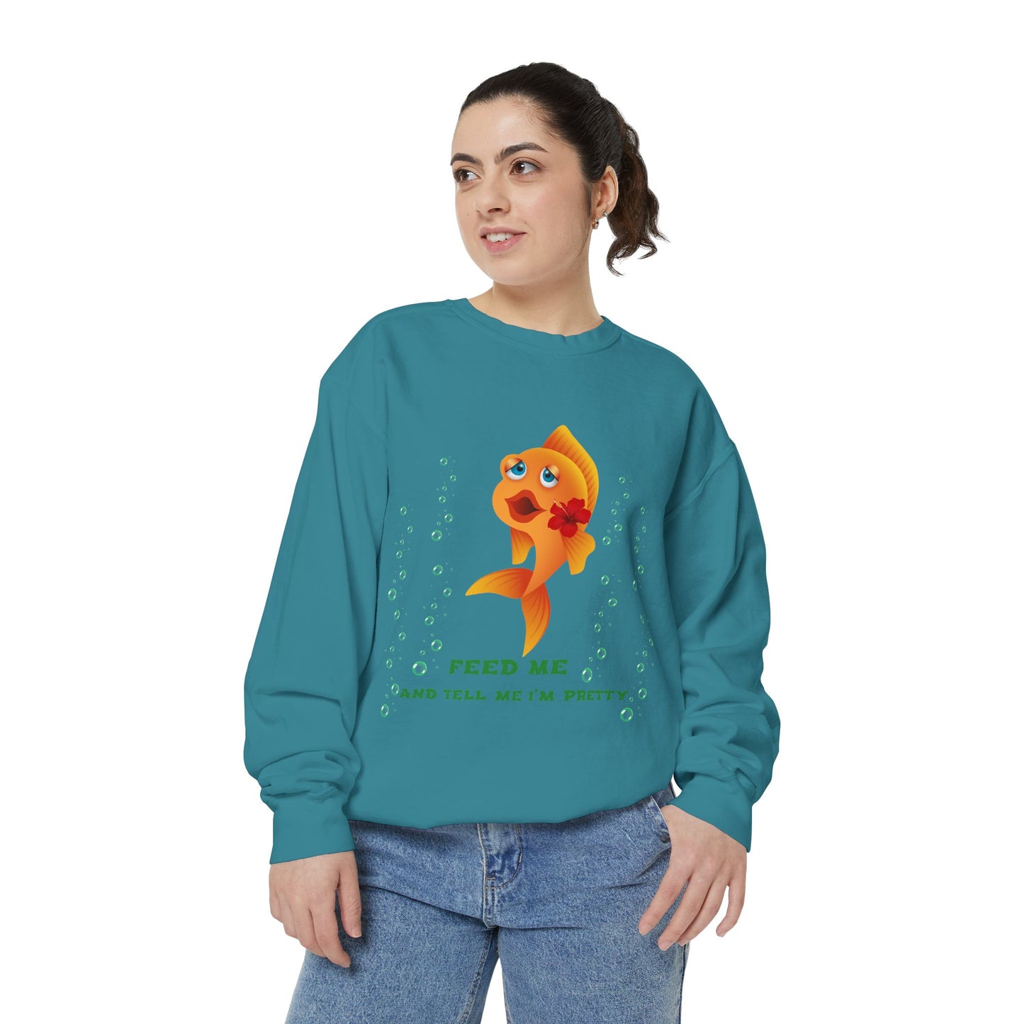Cartoon goldfish with red lips and flower Unisex Garment-Dyed Sweatshirt