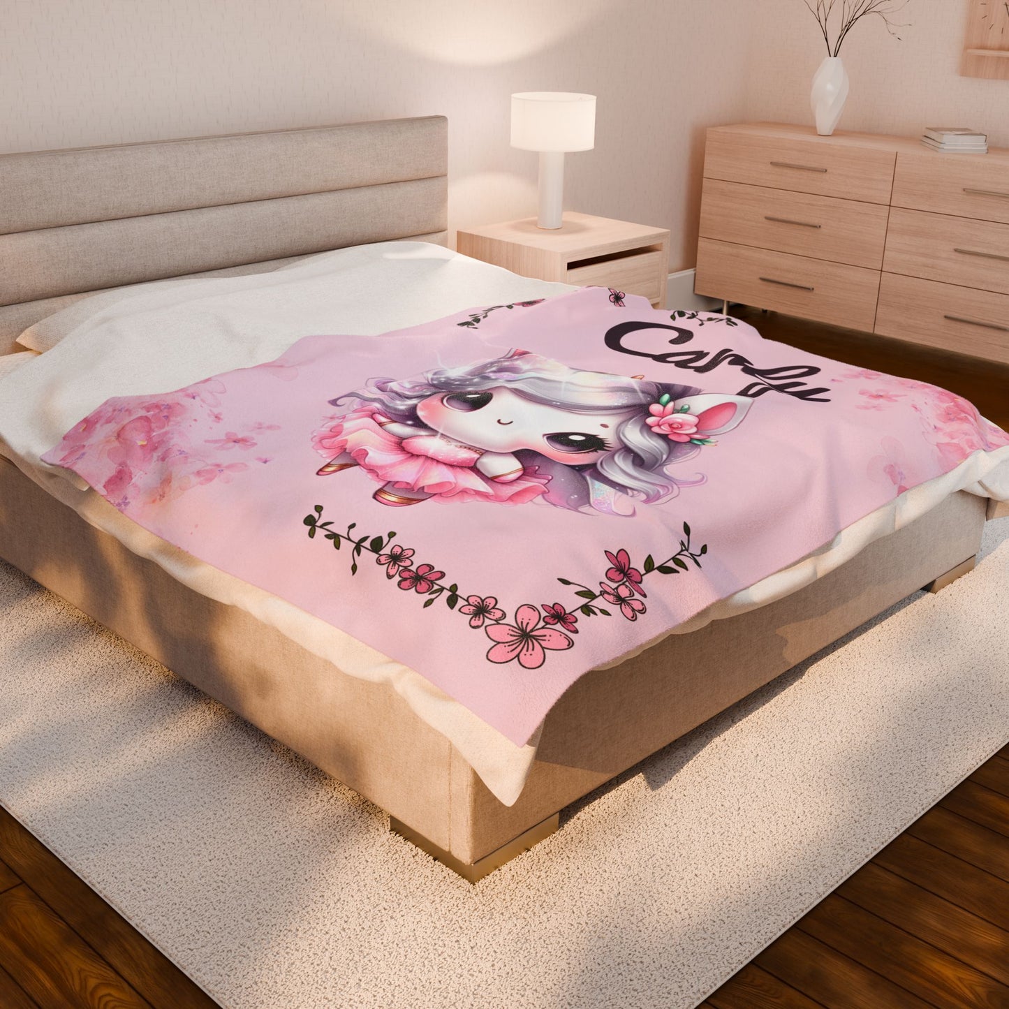 Customized Unicorn Velveteen Plush Blanket, Kid's Gift, Nursery Decor, Cozy Throw, Personalized Blanket, Birthday Present