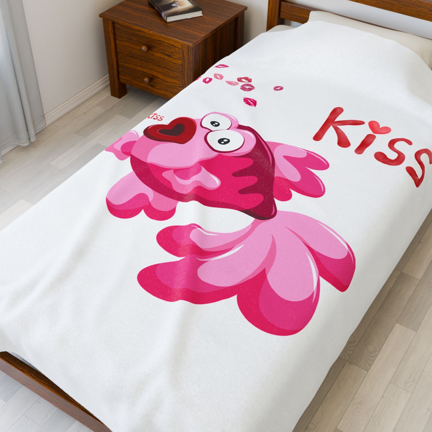 Pink fish with open mouth and kiss Velveteen Plush Blanket