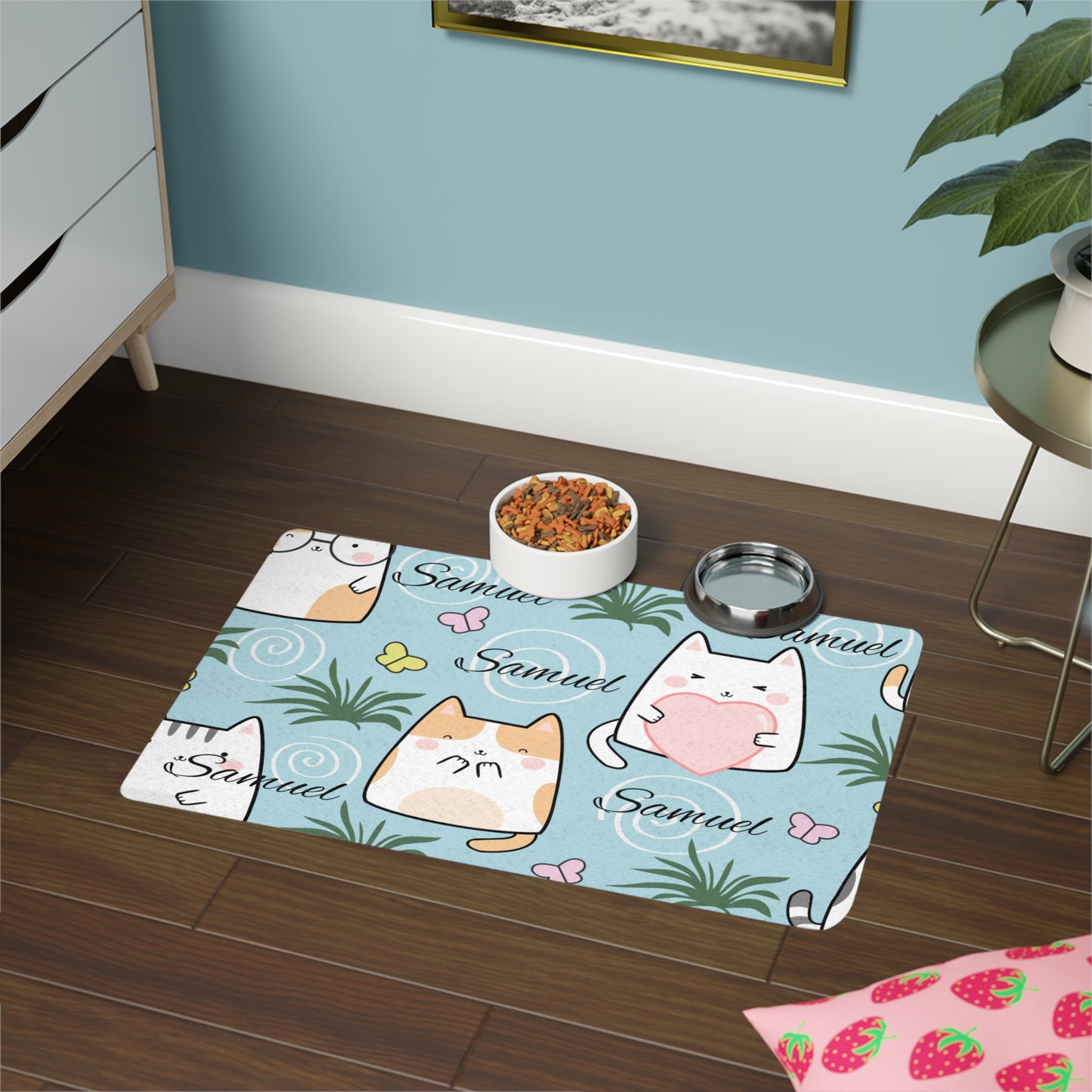 Personalized Cat Pet Food Mat (12x18) — Cute Kawaii Cats with Name