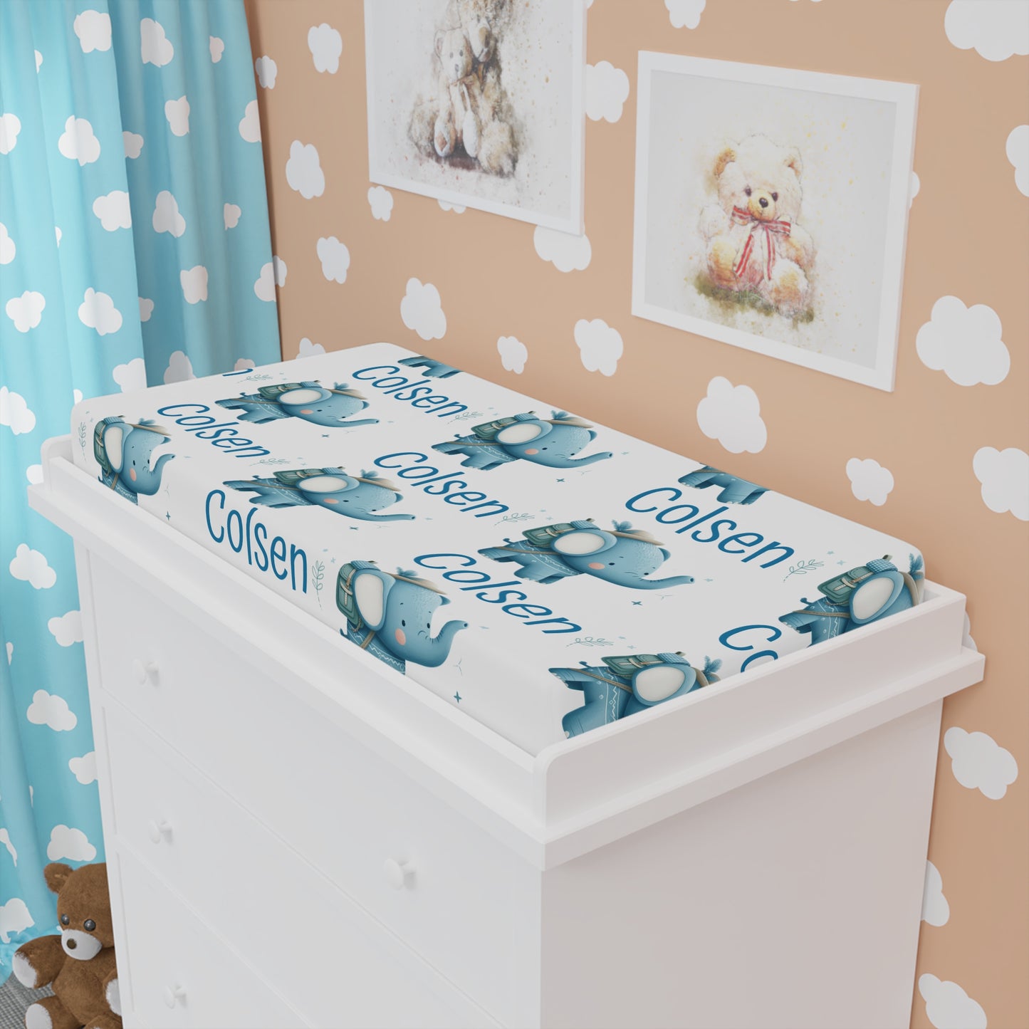 Baby Changing Pad Cover — Personalized Blue Elephant Nursery Cover (Custom Name "Colsen")