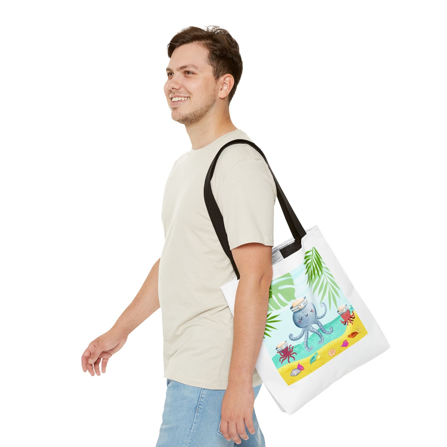 Octopus on a beach scene with tropical Tote Bag