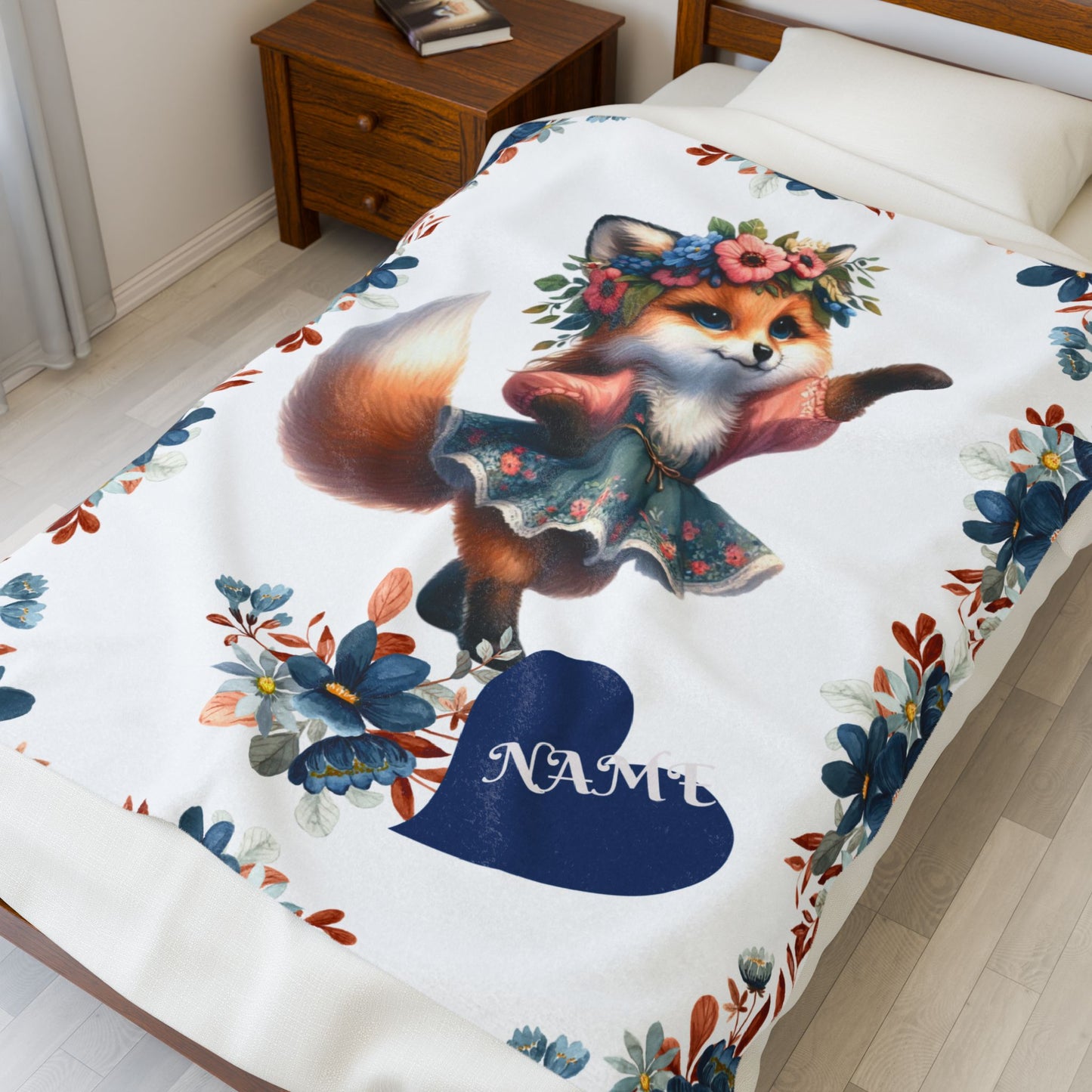 Floral Fox Plush Blanket, Custom Velveteen Blanket, Cozy Throw for Kids, Nursery Decor, Perfect Gift for Birthdays, Baby Showers