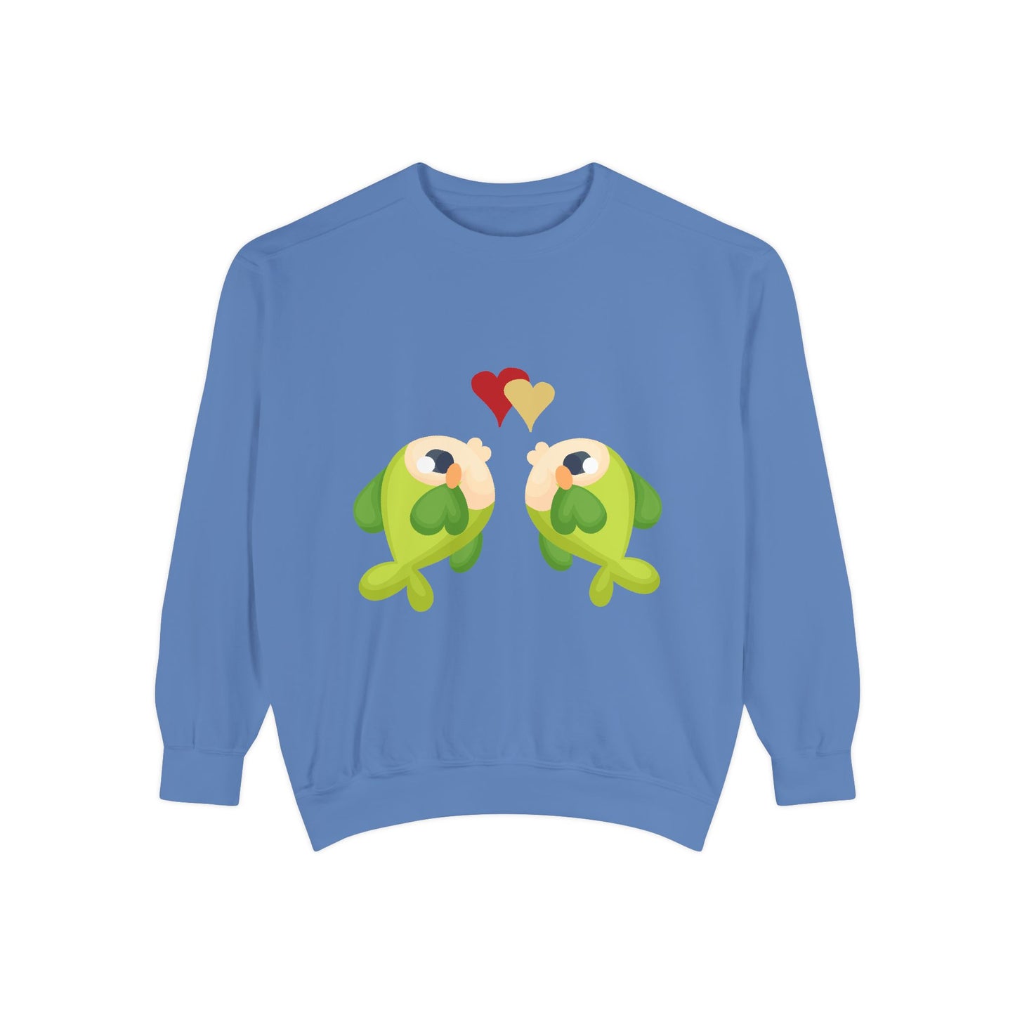 Two hearts float between the fish one red and one yellow Unisex Garment-Dyed Sweatshirt