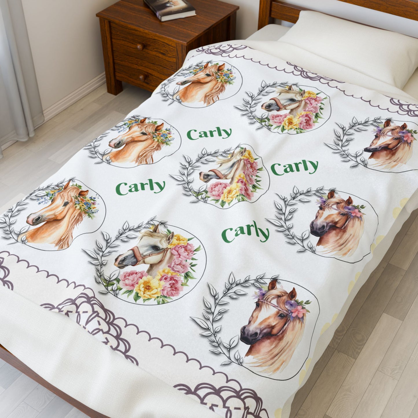 Personalized Horse Lover's Blanket, Velveteen Plush Blanket, Cozy Gift for Kids, Horse-Themed Decor, Unique Nursery Item