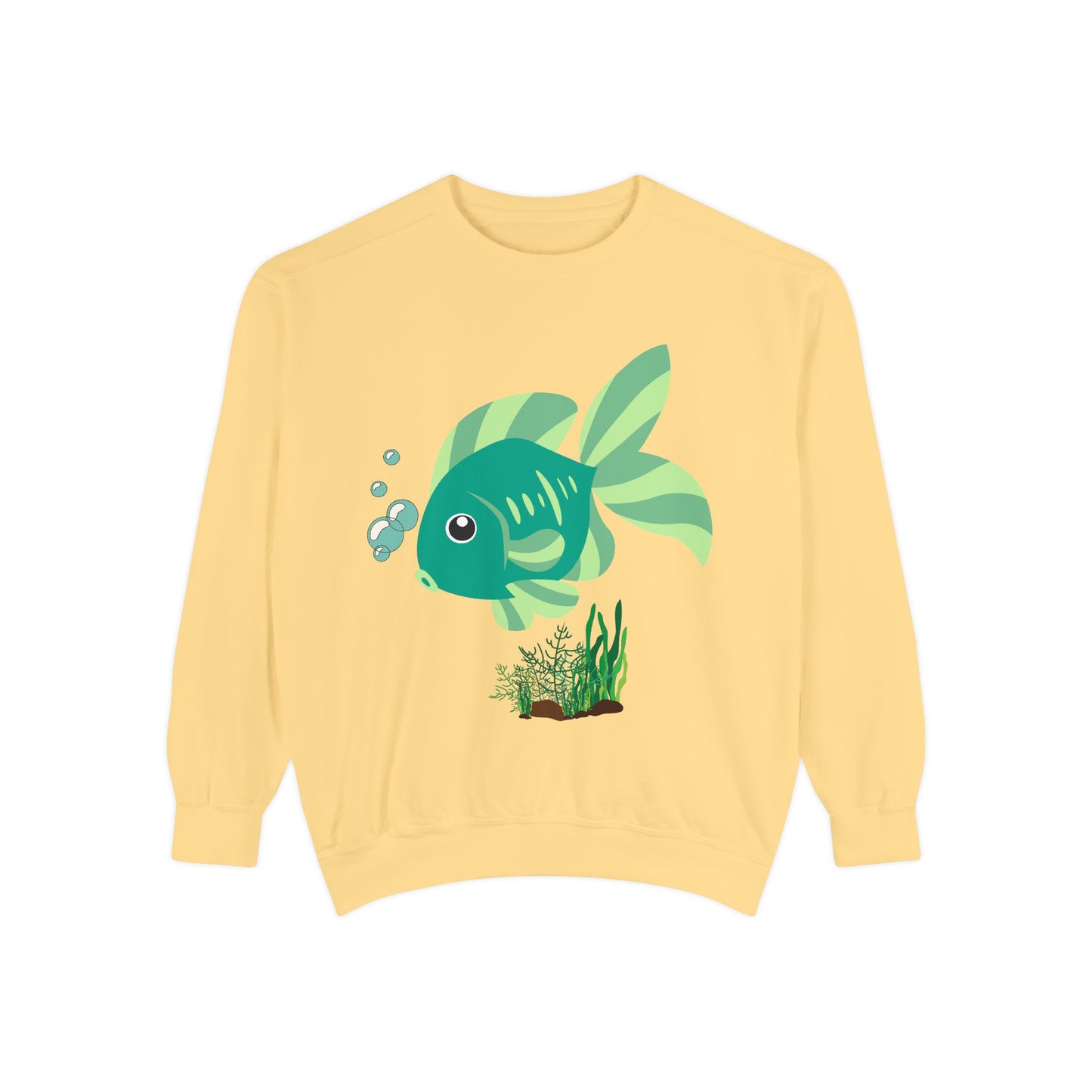 Green fish with bubbles and aquatic plants Unisex Garment-Dyed Sweatshirt