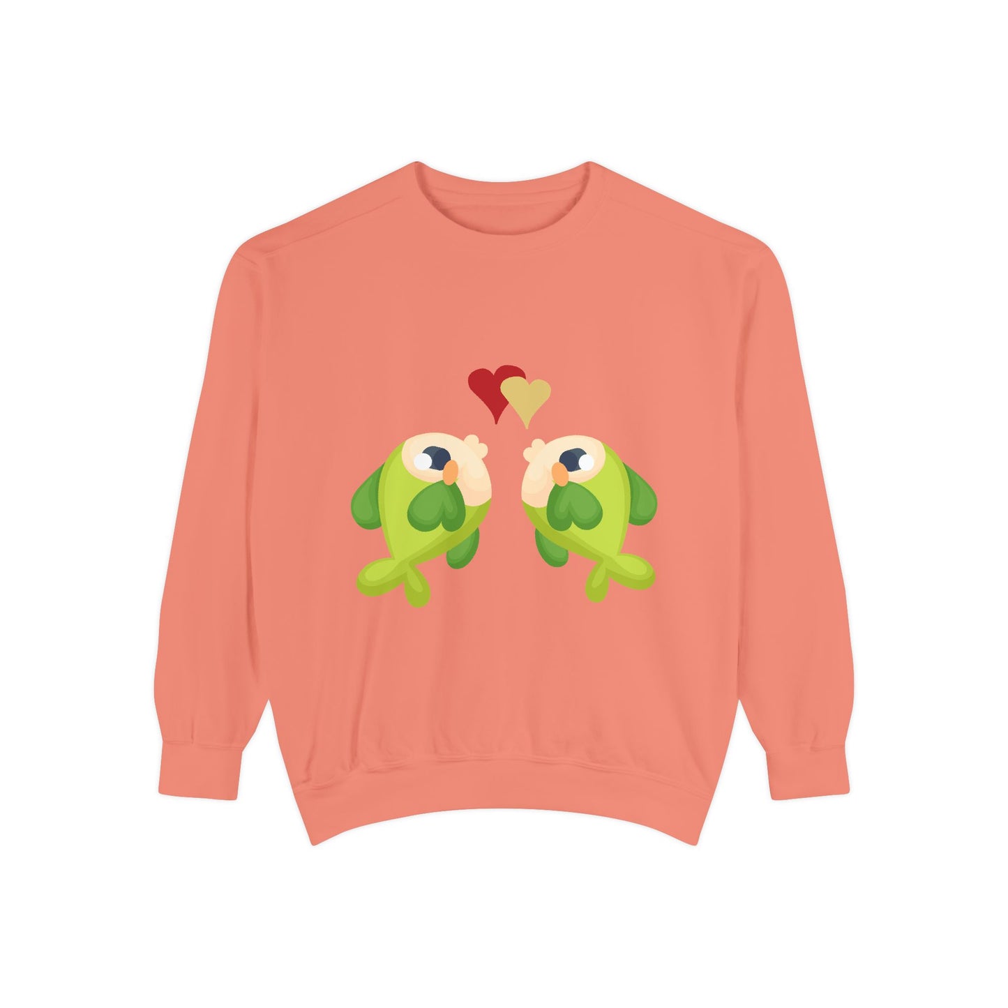Two hearts float between the fish one red and one yellow Unisex Garment-Dyed Sweatshirt