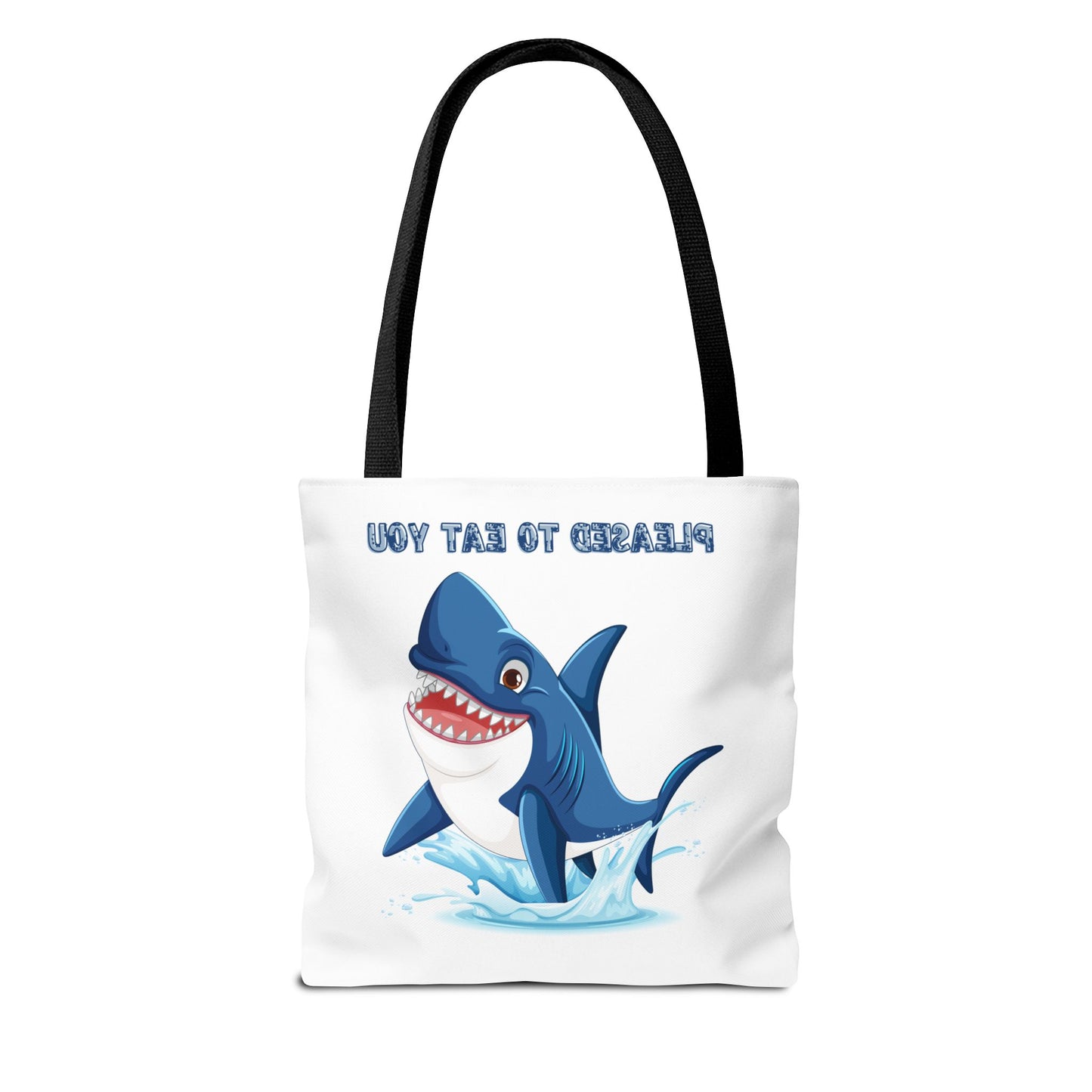 Humorous cartoon shark with threatening text Tote Bag
