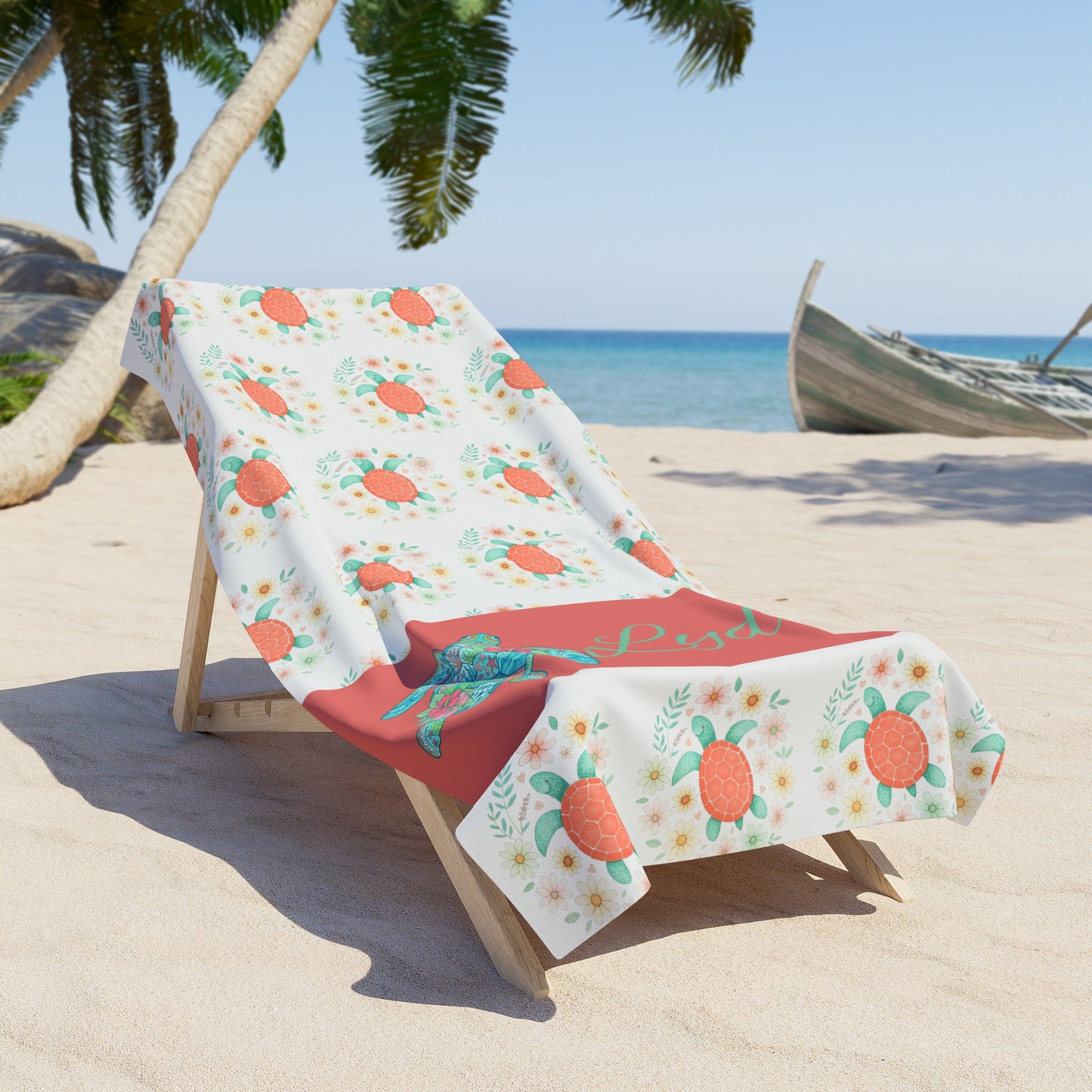 Personalized Sea Turtle Beach Towel — Coral Floral Pattern with Name