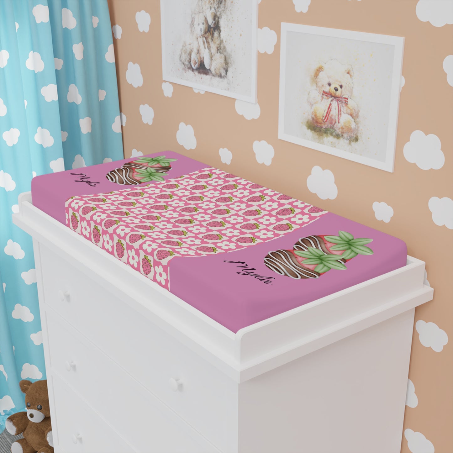 Pink Floral Strawberry Changing Pad Cover — Personalized Baby Nursery Accessory