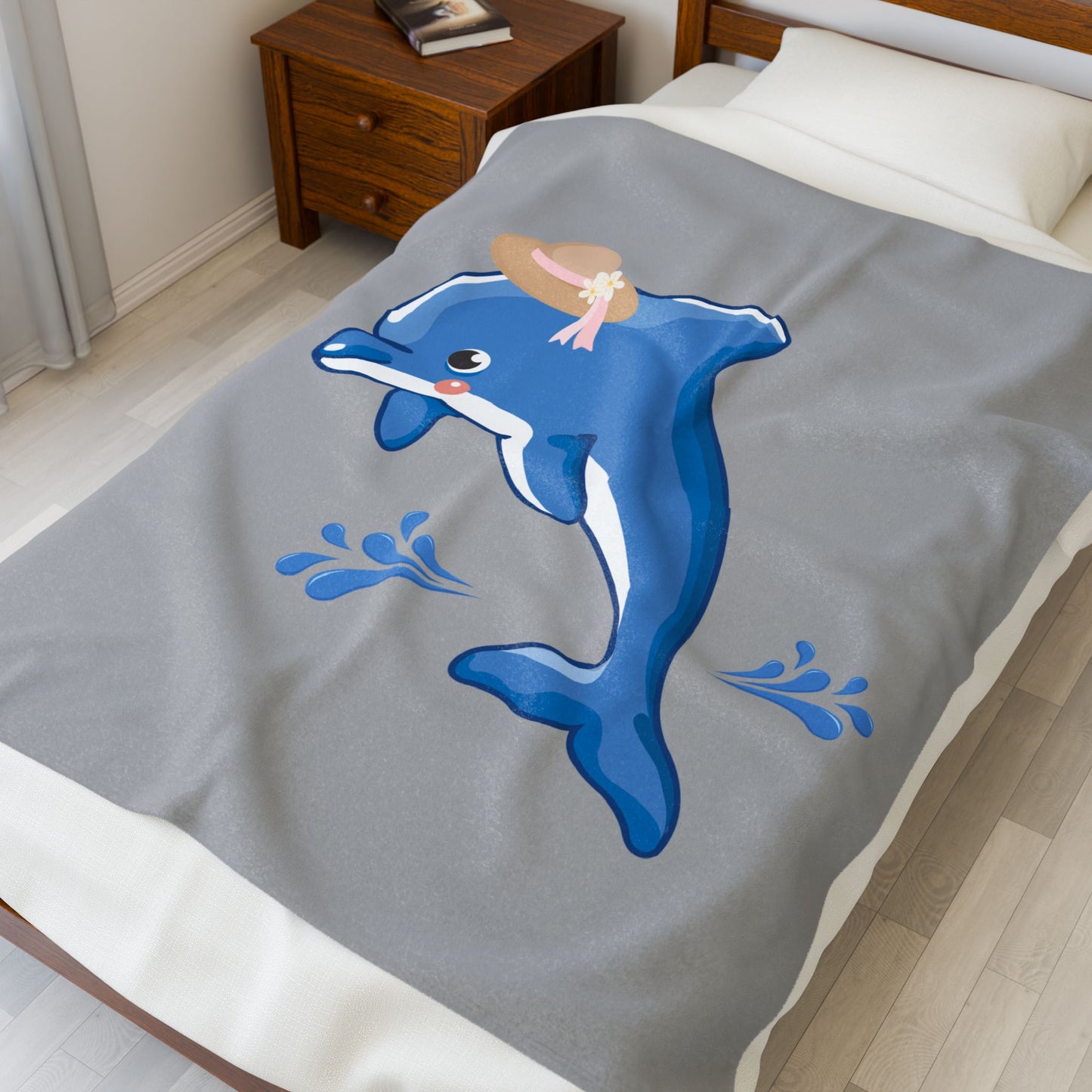 Dolphin wearing a straw hat with stylized water splashes Velveteen Plush Blanket