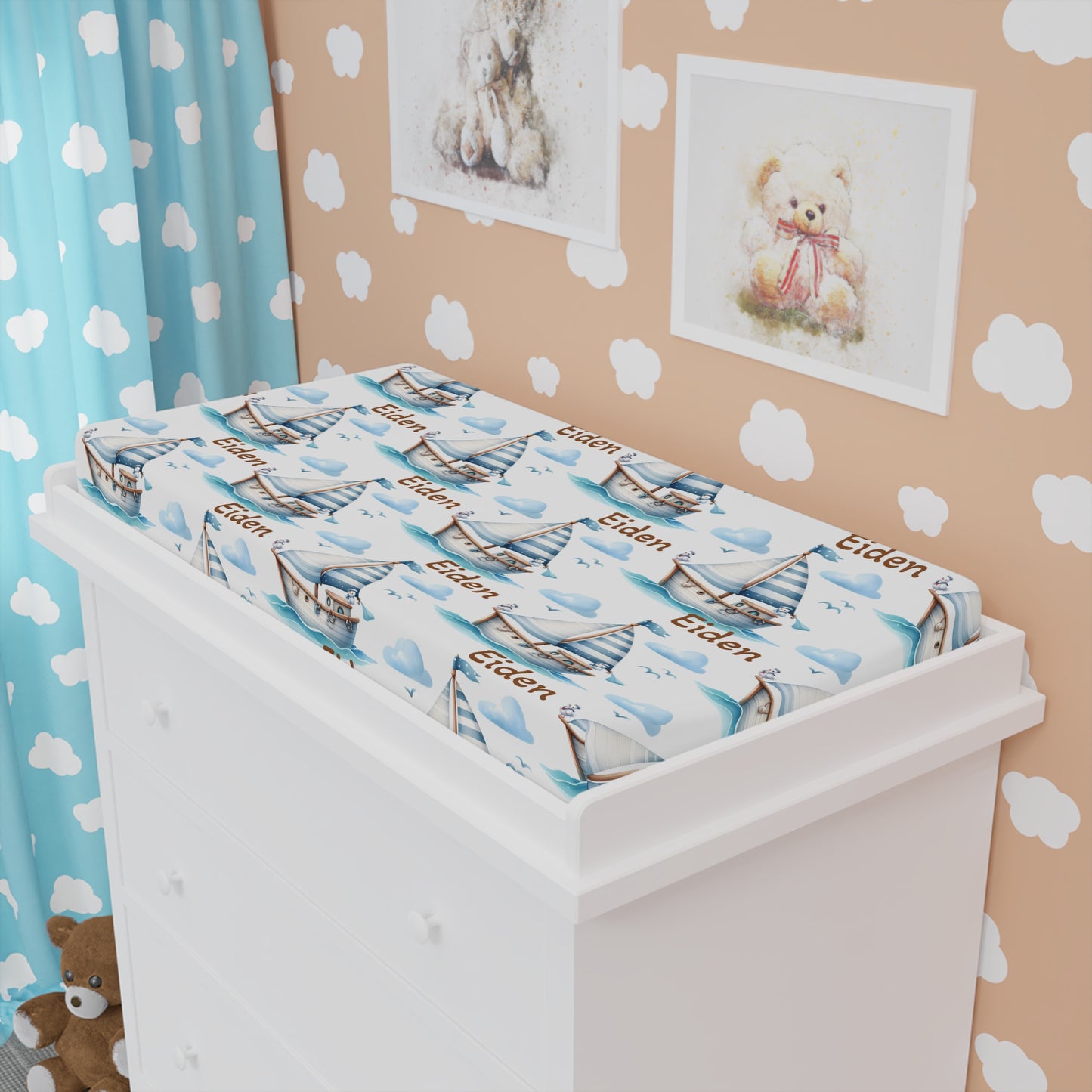 Nautical Baby Changing Pad Cover – Personalized Sailboat & Seagull Design (Custom Name)