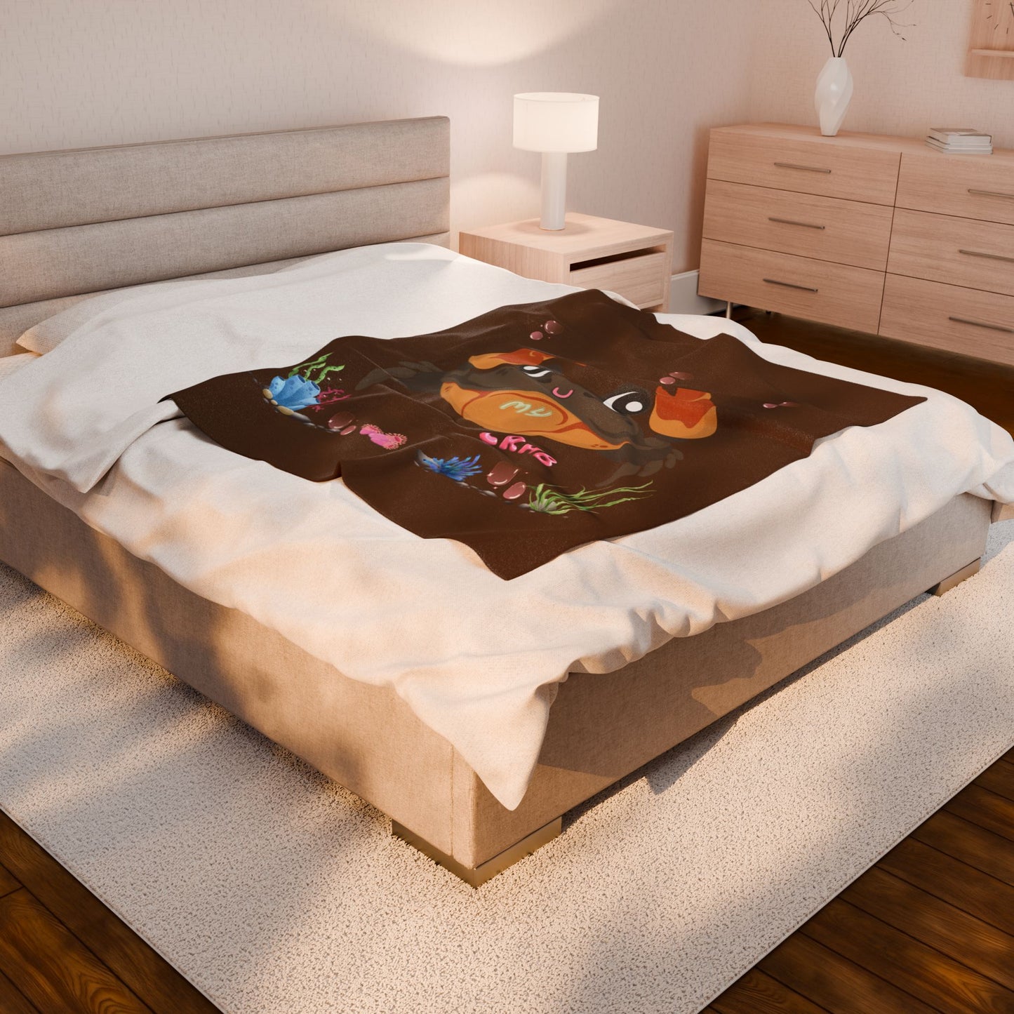 Crab with subtle bubbles and underwater flora Velveteen Plush Blanket