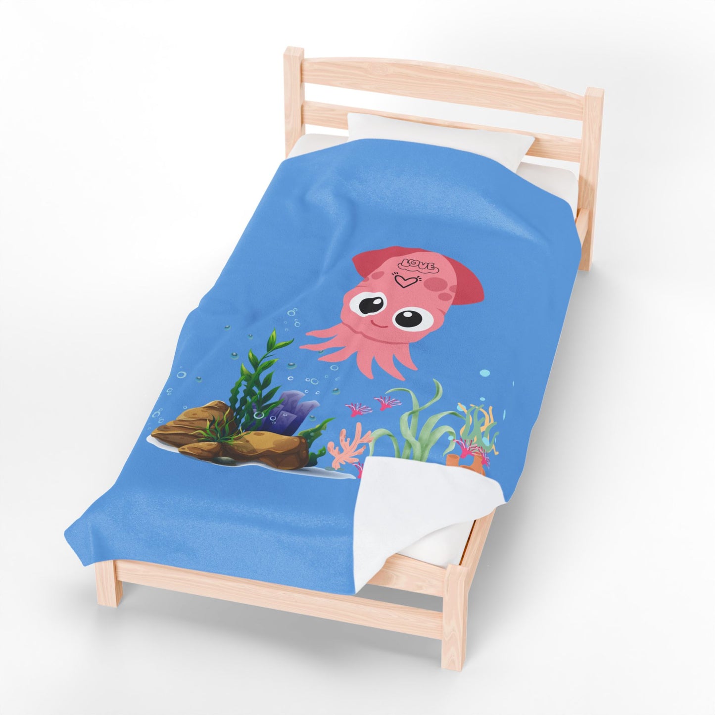 Pink squid cartoon with love Velveteen Plush Blanket