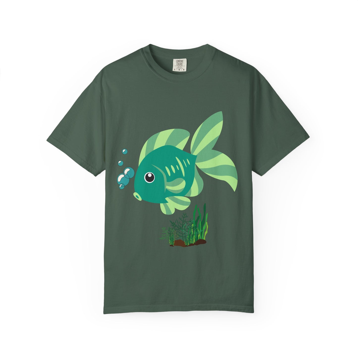 Green fish with bubbles and aquatic plants Unisex Garment-Dyed T-shirt
