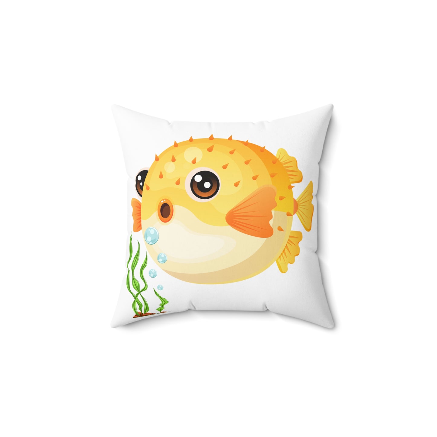 Cartoon Pufferfish with seaweed Spun Polyester Square Pillow