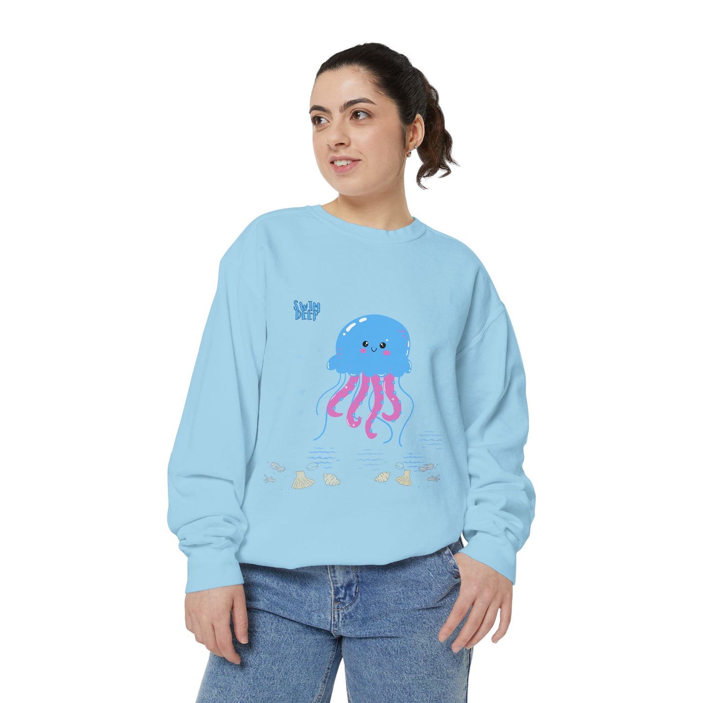 Blue jellyfish with pink tentacles Unisex Garment-Dyed Sweatshirt