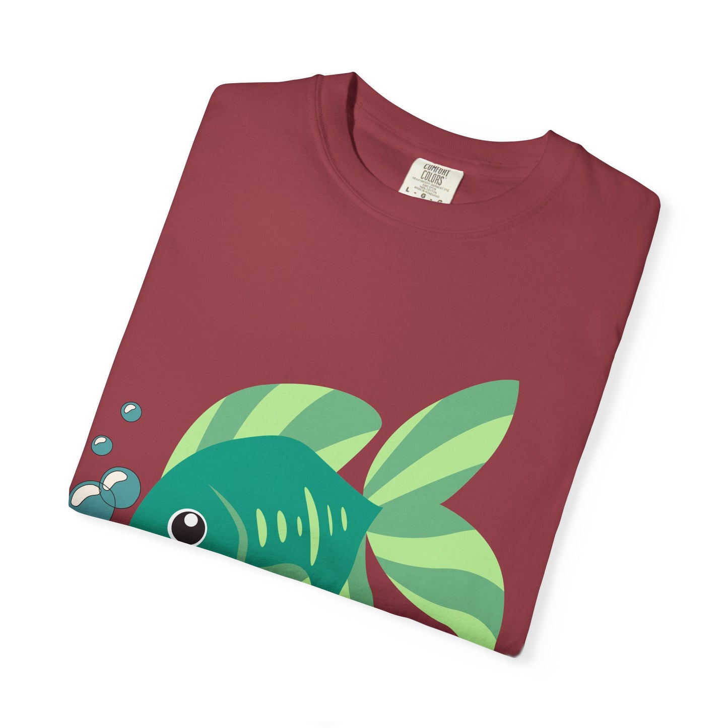 Green fish with bubbles and aquatic plants Unisex Garment-Dyed T-shirt