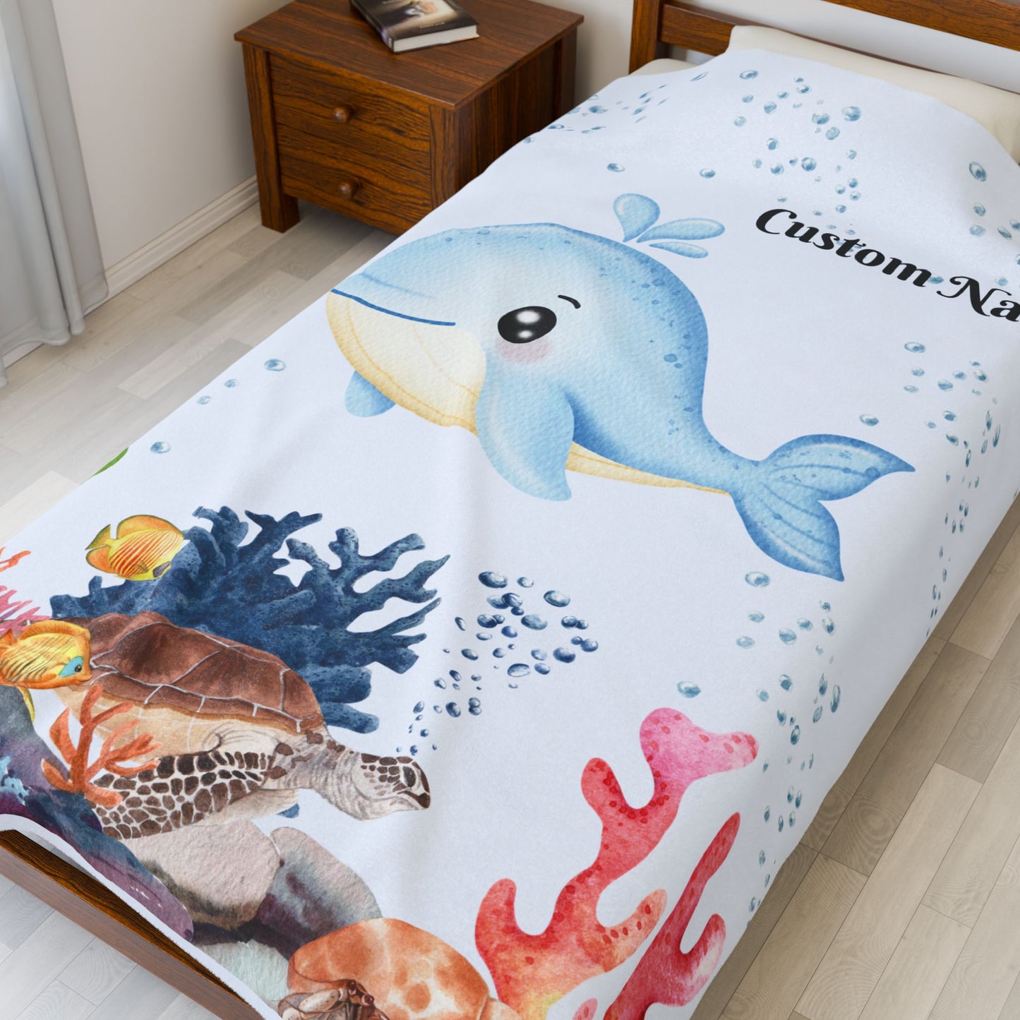 Custom Whale Velveteen Plush Blanket, Kids Throw Blanket, Nautical Nursery Décor, Personalized Gift, Cozy Home Accessories, Baby Shower Gift