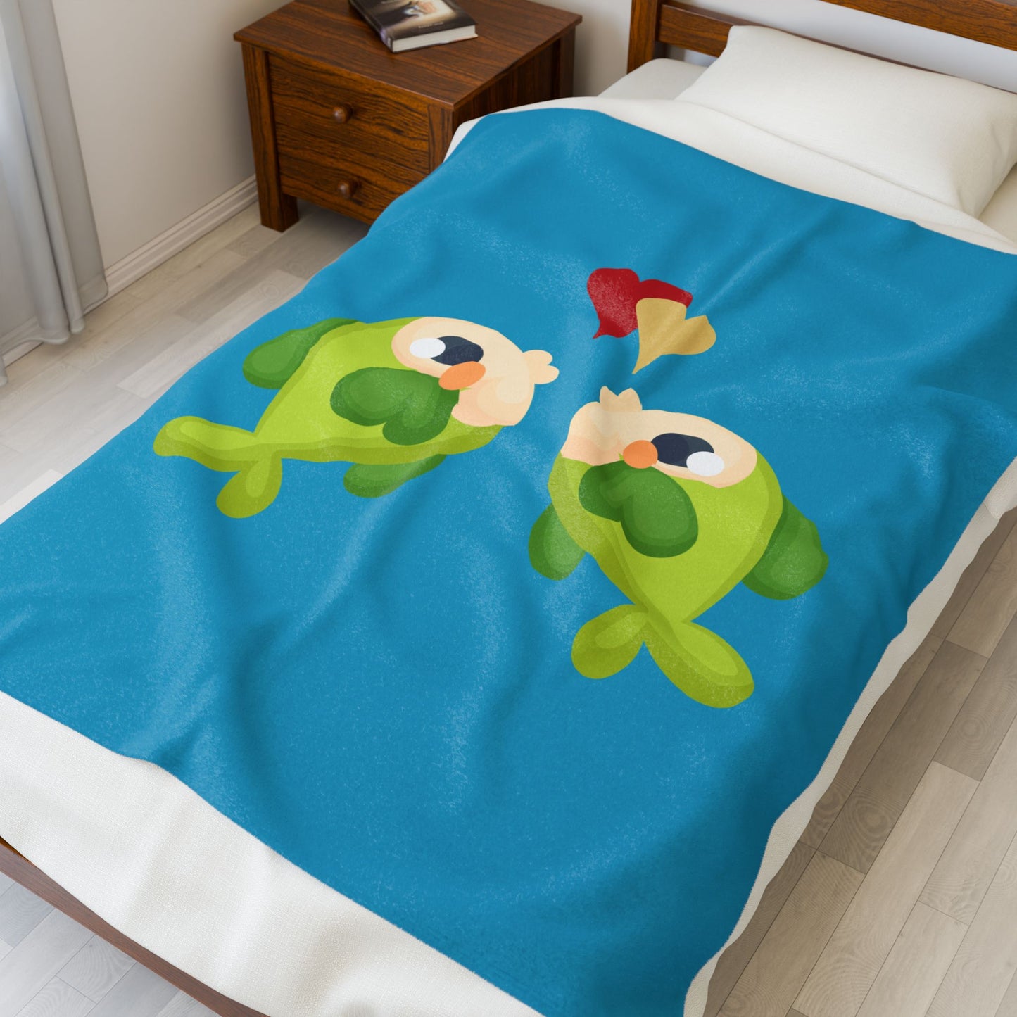 Two hearts float between the fish one red and one yellow Velveteen Plush Blanket