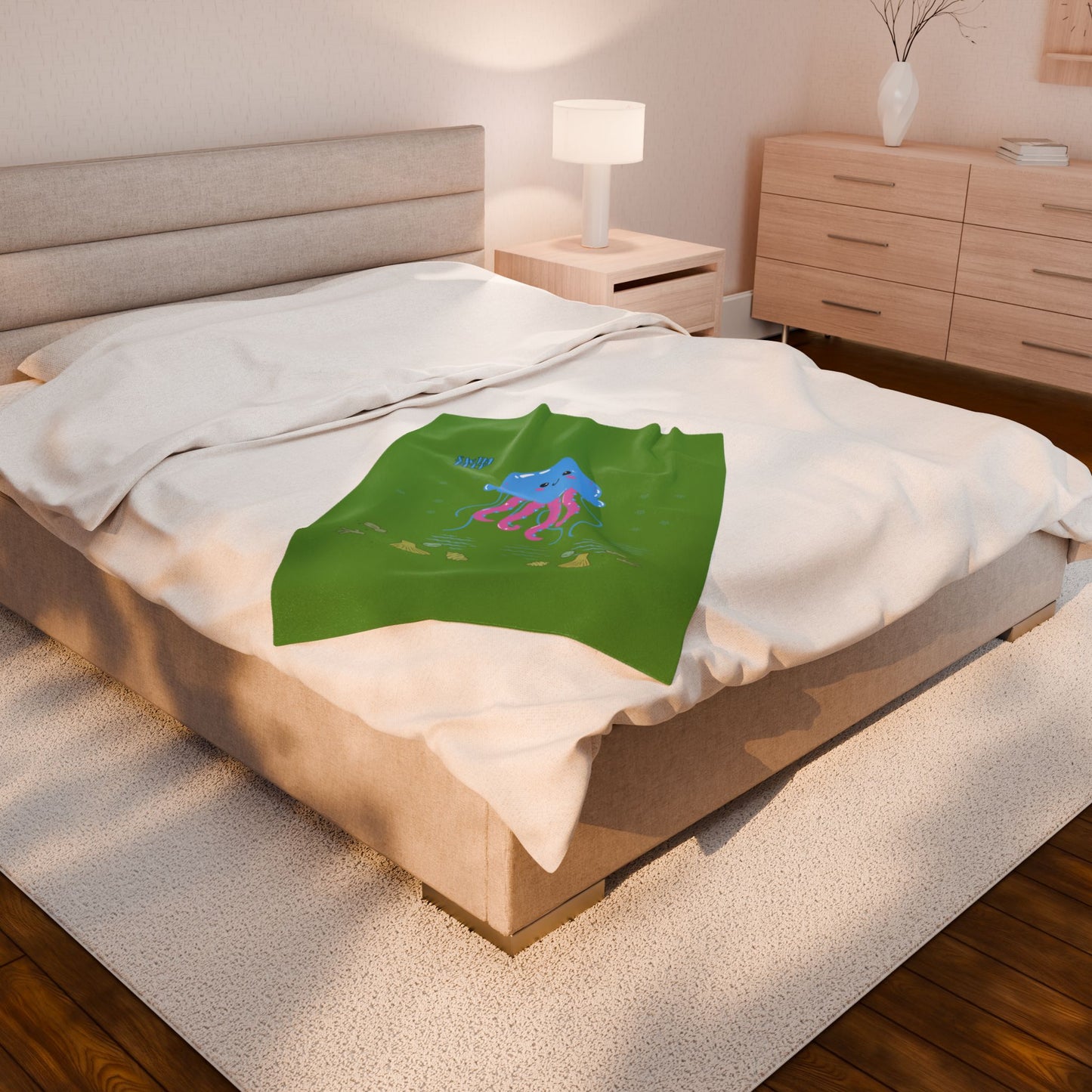 Blue jellyfish with pink tentacles Velveteen Plush Blanket