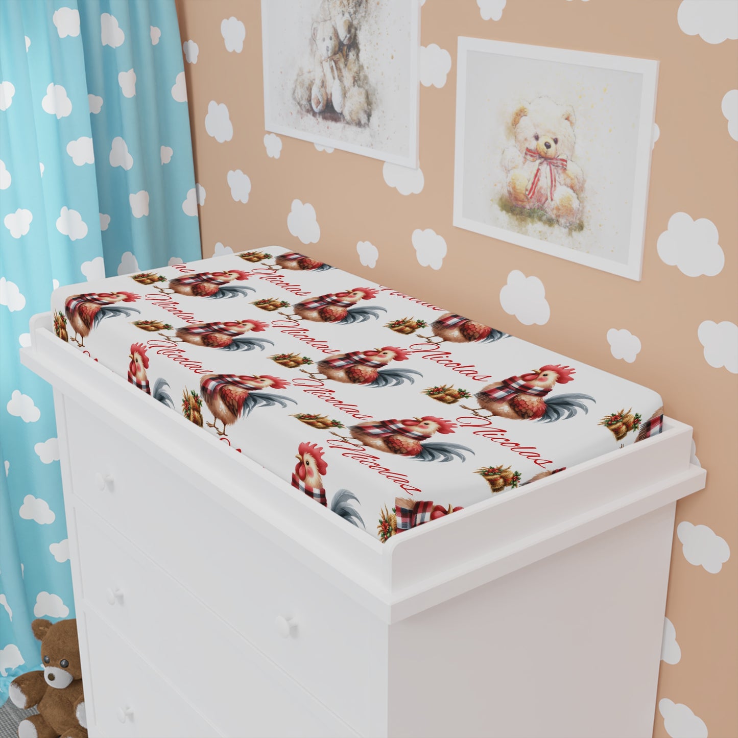 Changing Pad Cover - Personalized Rooster Nursery Print (Custom Name)