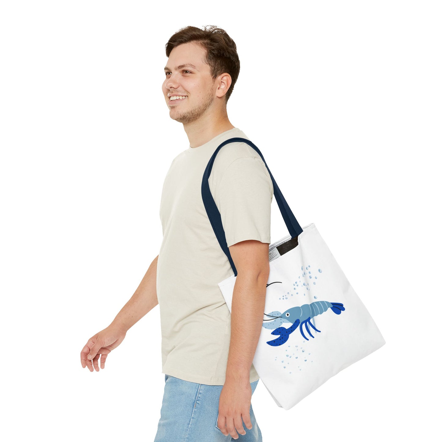 Blue shrimp with dark blue claws and bubbles Tote Bag