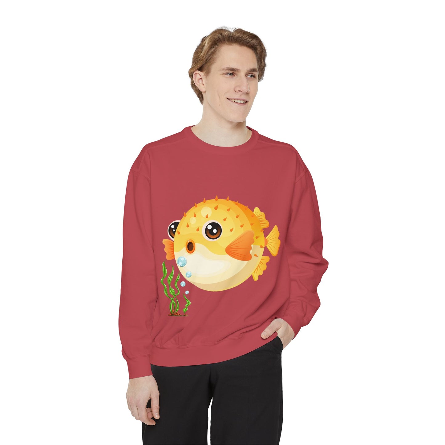Cartoon Pufferfish with seaweed Unisex Garment-Dyed Sweatshirt