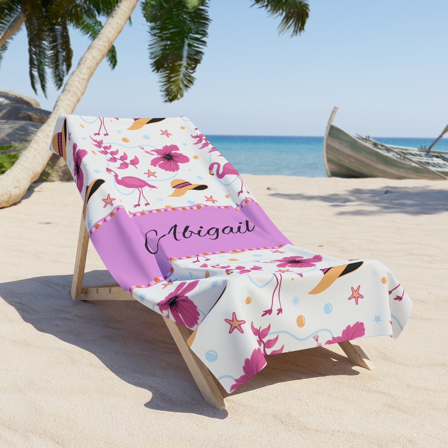 Personalized Pink Flamingo Beach Towel — Custom Name Tropical Hibiscus Design