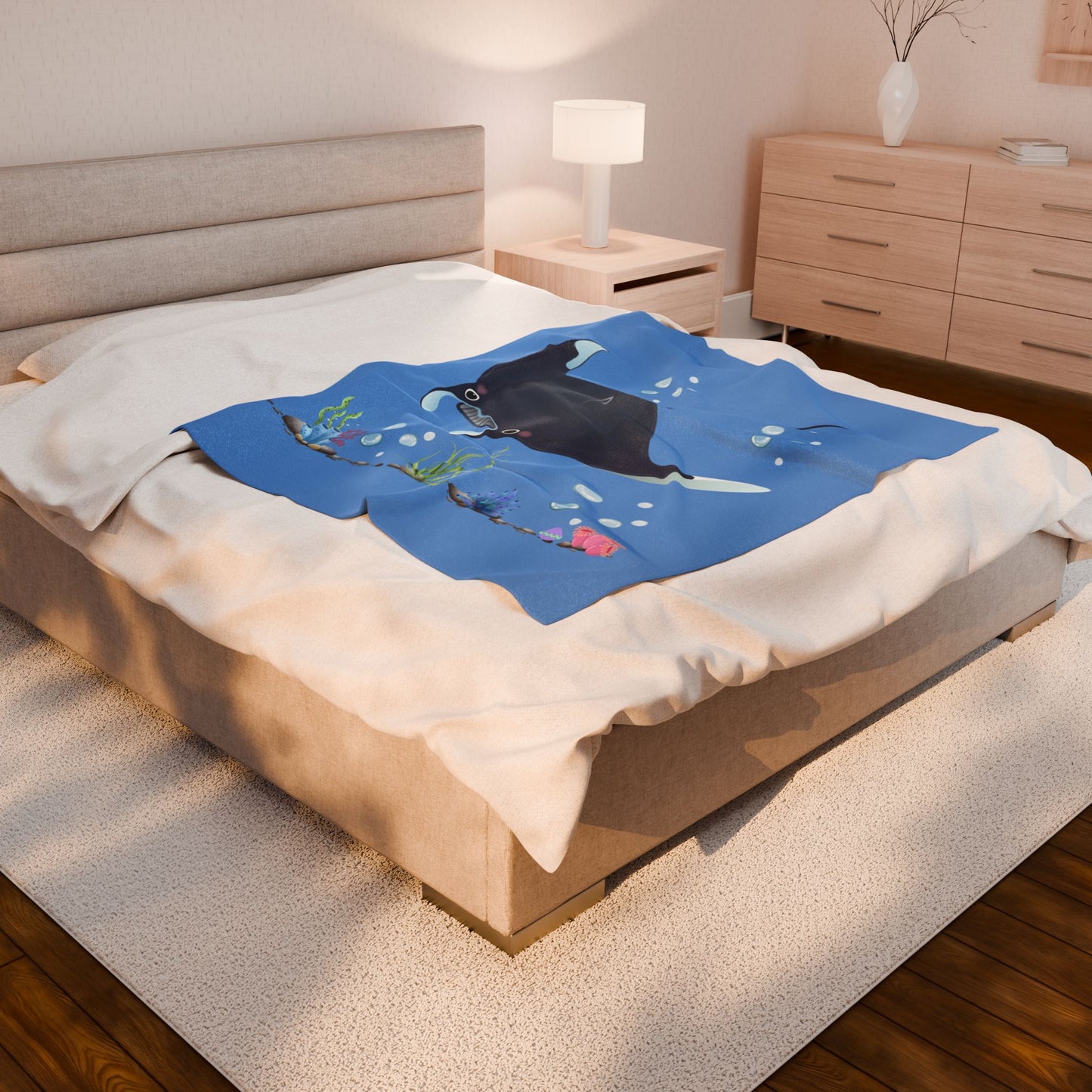 Manta ray with bubbles and coral reef Velveteen Plush Blanket