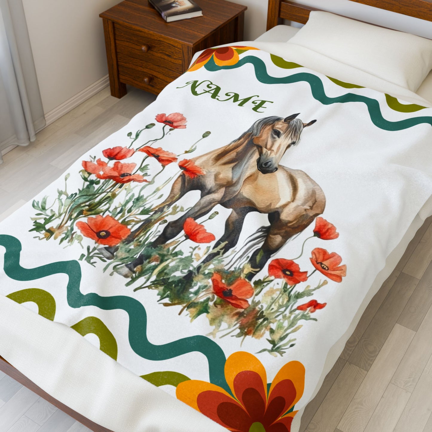 Personalized Horse and Floral Velveteen Plush Blanket, Cozy Throw Blanket, Gift for Horse Lovers, Home Decor, Custom Blanket