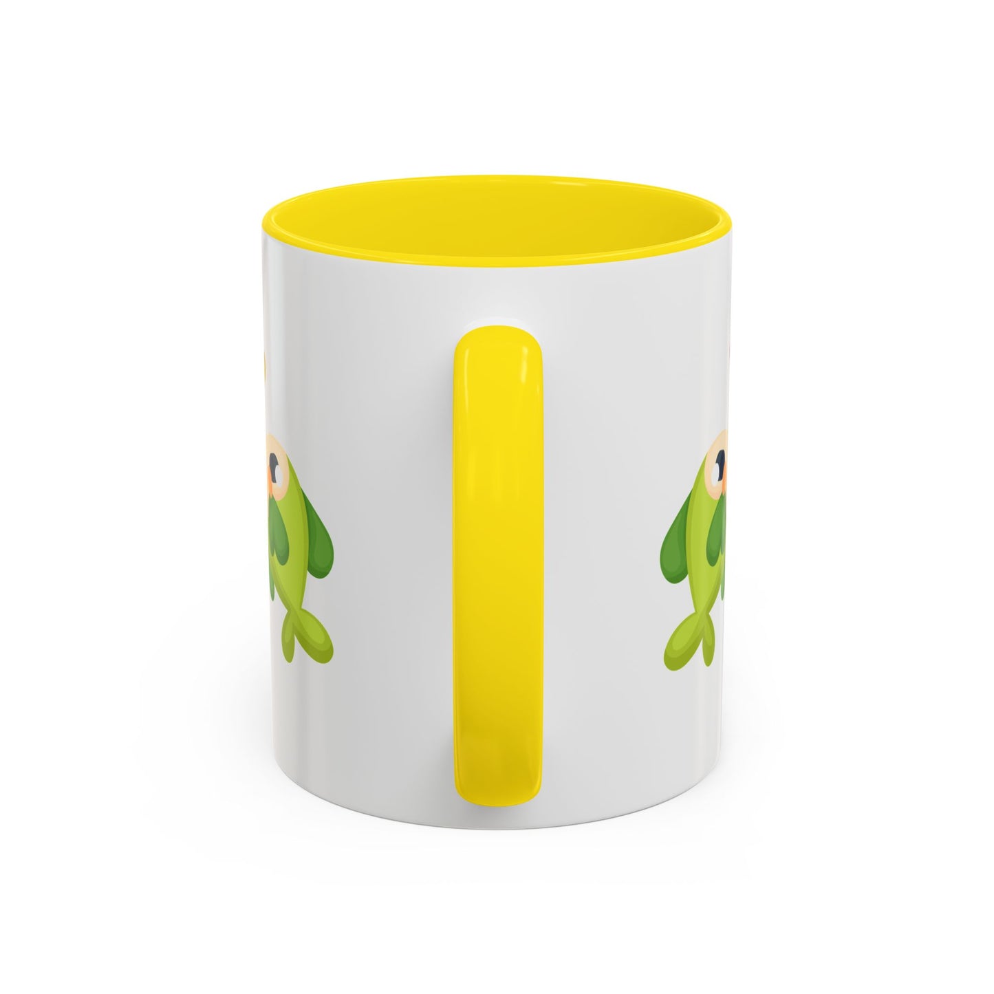 Two hearts float between the fish one red and one yellow. Coffee Mug