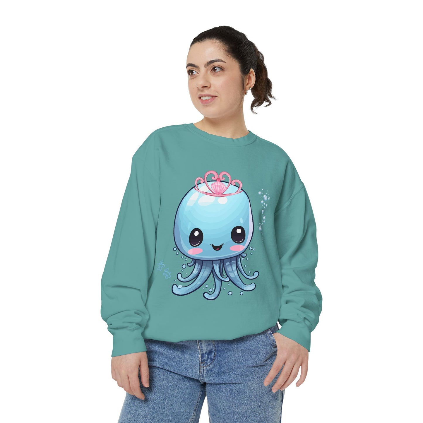 Blue jellyfish with a pink tiara Unisex Garment-Dyed Sweatshirt