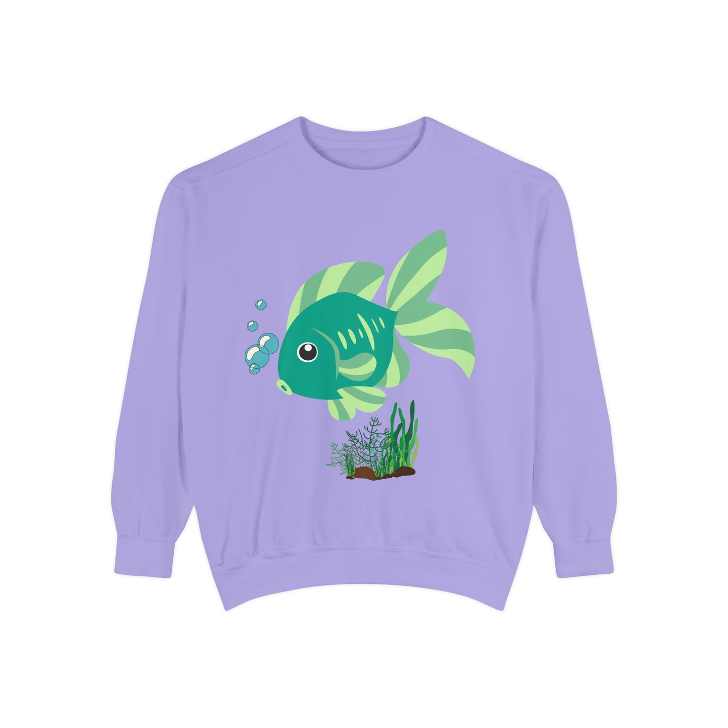 Green fish with bubbles and aquatic plants Unisex Garment-Dyed Sweatshirt