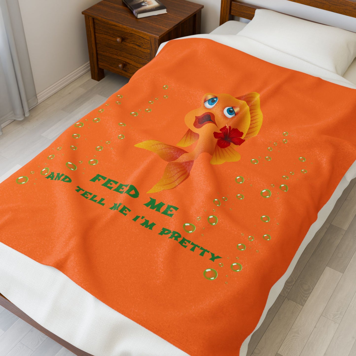 Cartoon goldfish with red lips and flower Velveteen Plush Blanket