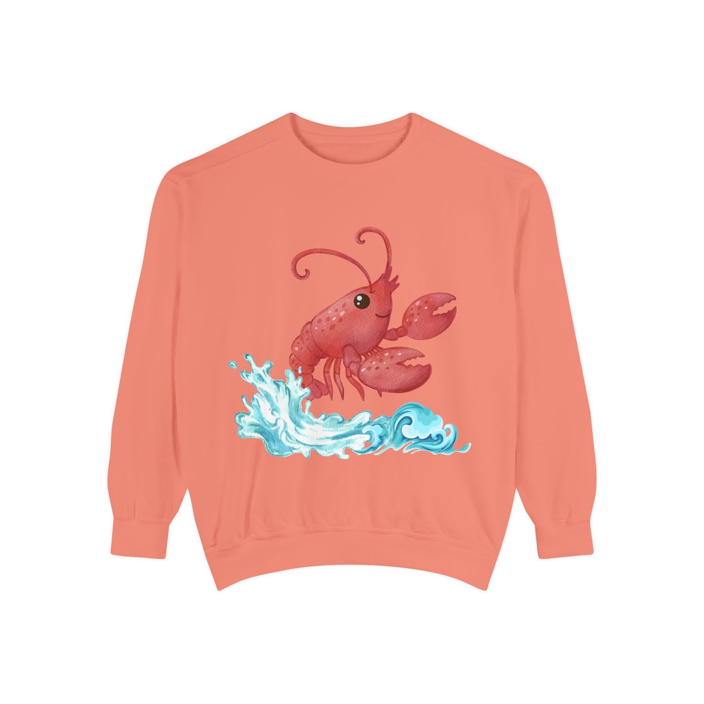 Cheerful red lobster emerging from stylized blue waves Unisex Garment-Dyed Sweatshirt