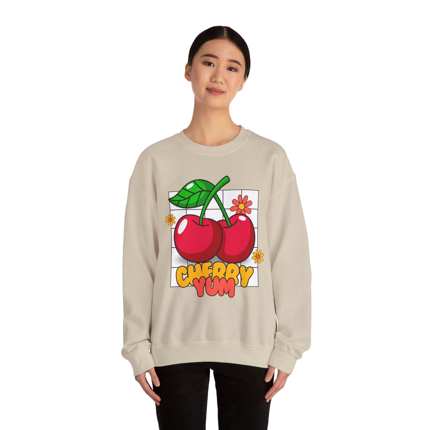 Cherry Yum Graphic Crewneck Sweatshirt | Cozy Unisex Sweater for Casual Wear, Gifts, Summer Vibes, Trendy Fashion, Foodie Apparel