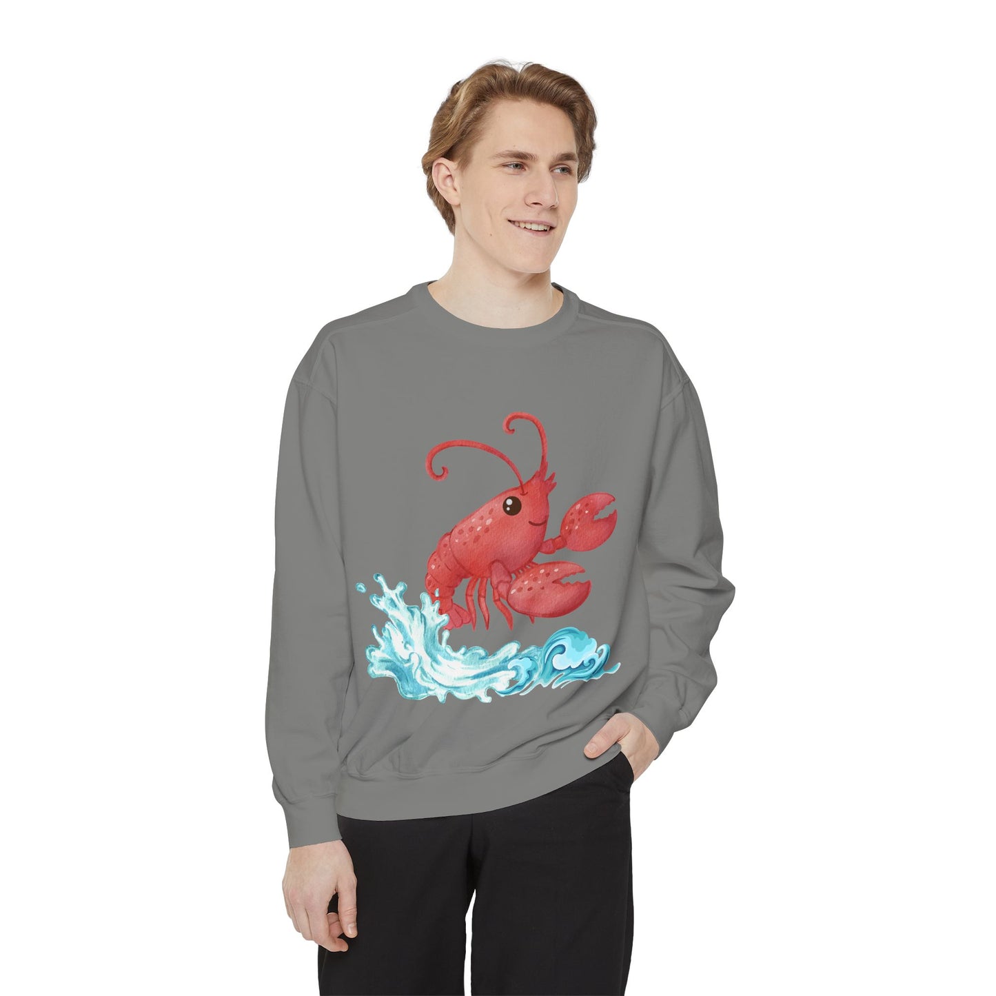 Cheerful red lobster emerging from stylized blue waves Unisex Garment-Dyed Sweatshirt
