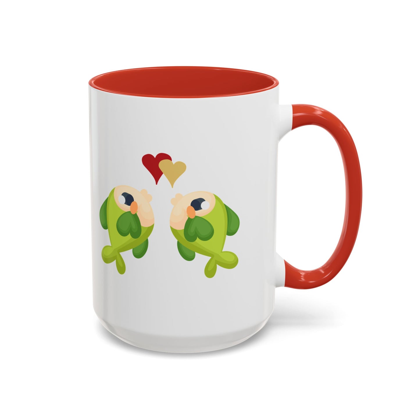 Two hearts float between the fish one red and one yellow. Coffee Mug