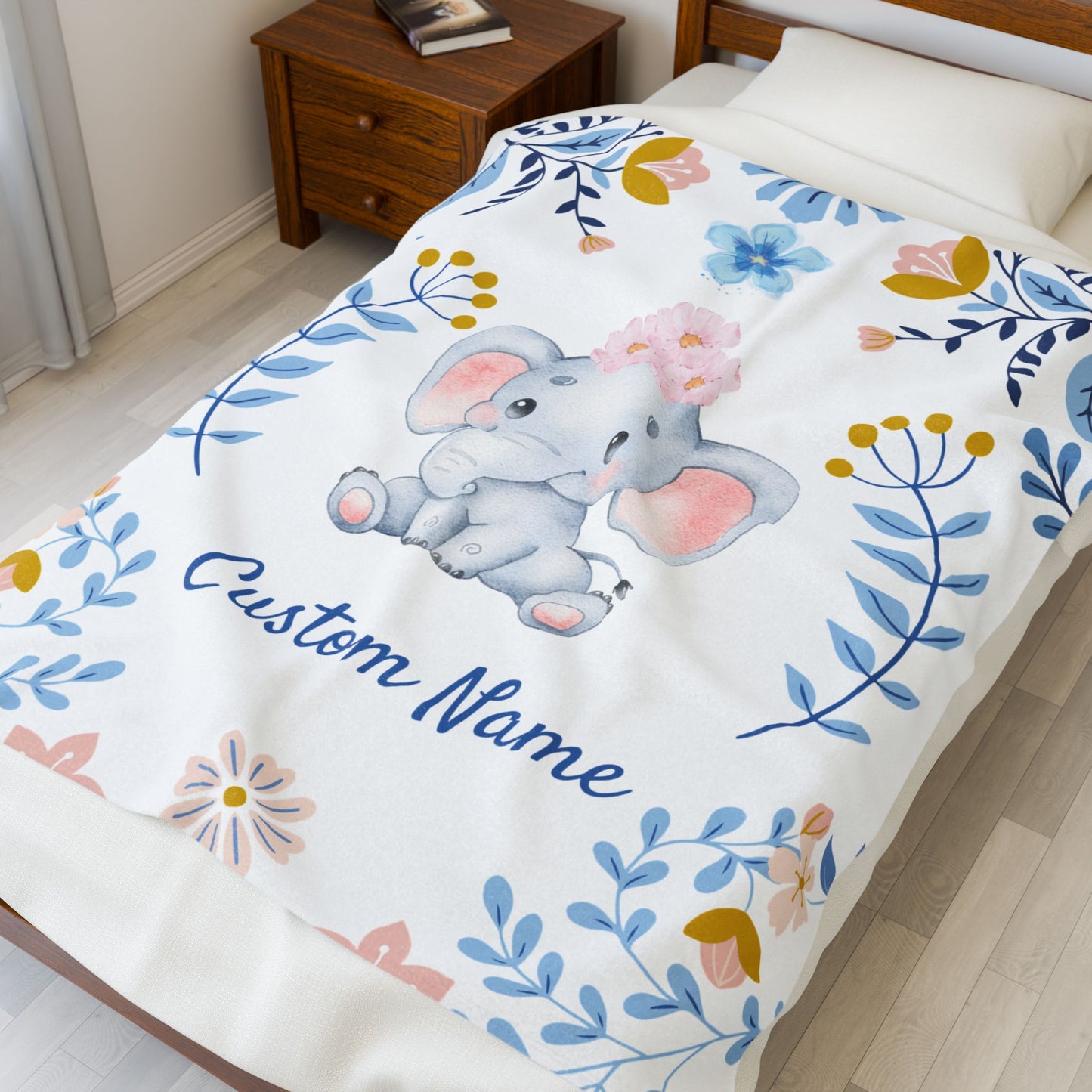Customizable Velveteen Plush Blanket with Elephant Design, Cozy Throw, Baby Shower Gift, Nursery Decor, Personalized Baby Blanket