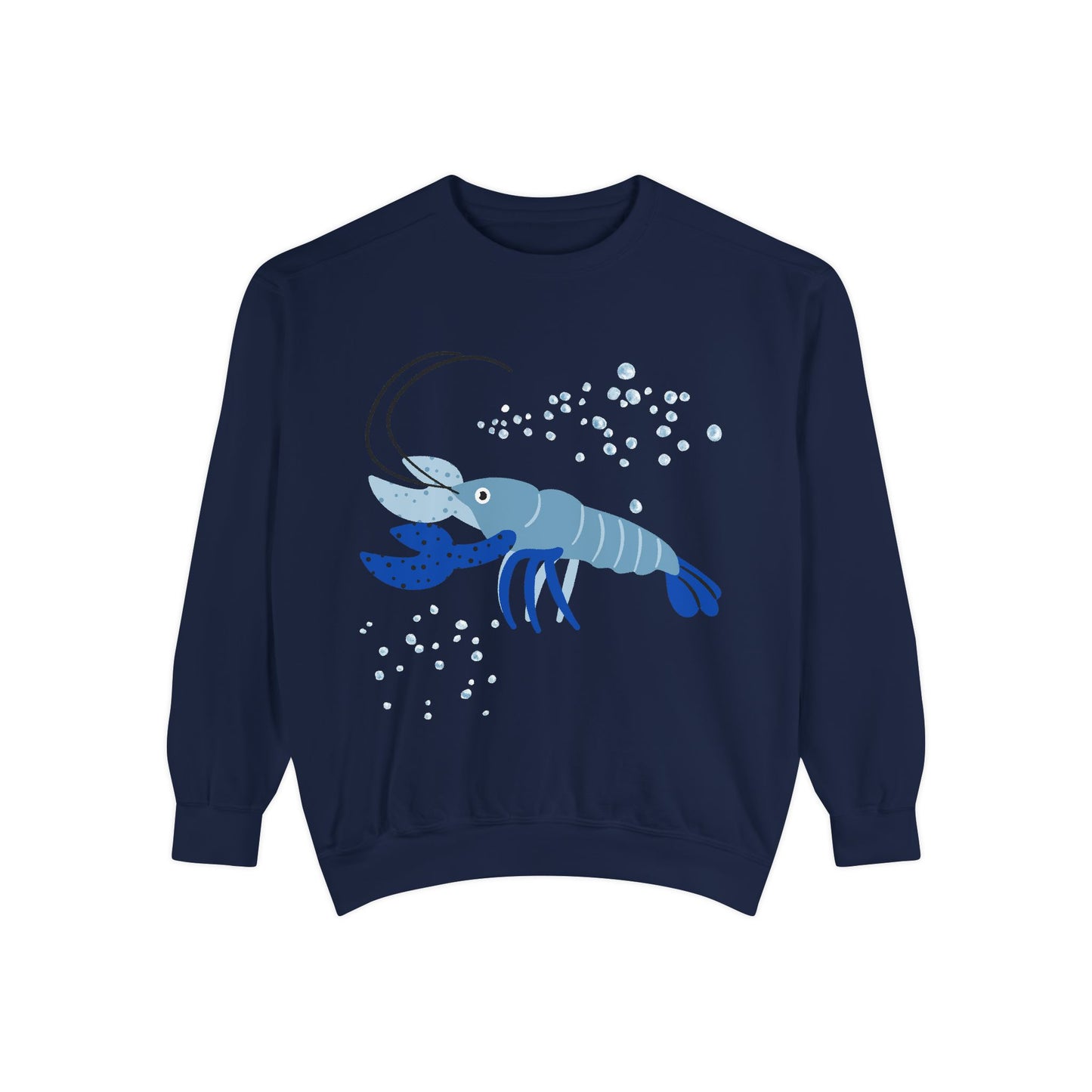 Blue shrimp with dark blue claws and bubbles Unisex Garment-Dyed Sweatshirt