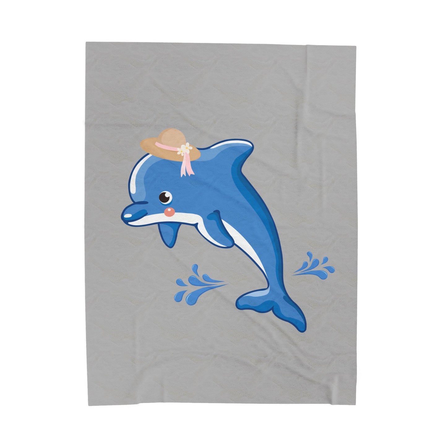 Dolphin wearing a straw hat with stylized water splashes Velveteen Plush Blanket