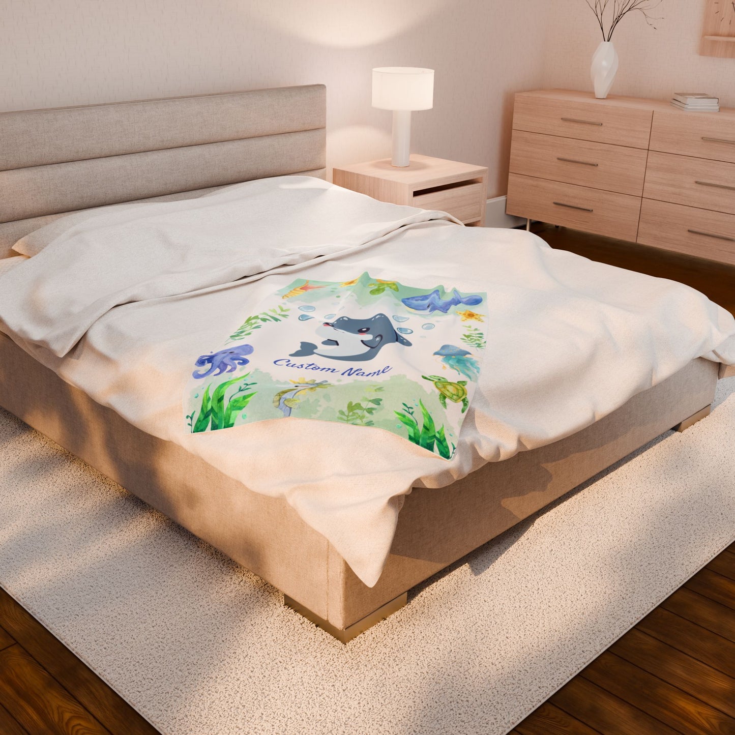 Customizable Velveteen Plush Blanket with Cute Marine Design, Ideal for Kids' Rooms, Gifts for Birthdays, Showers, and Holidays, Cozy Decor