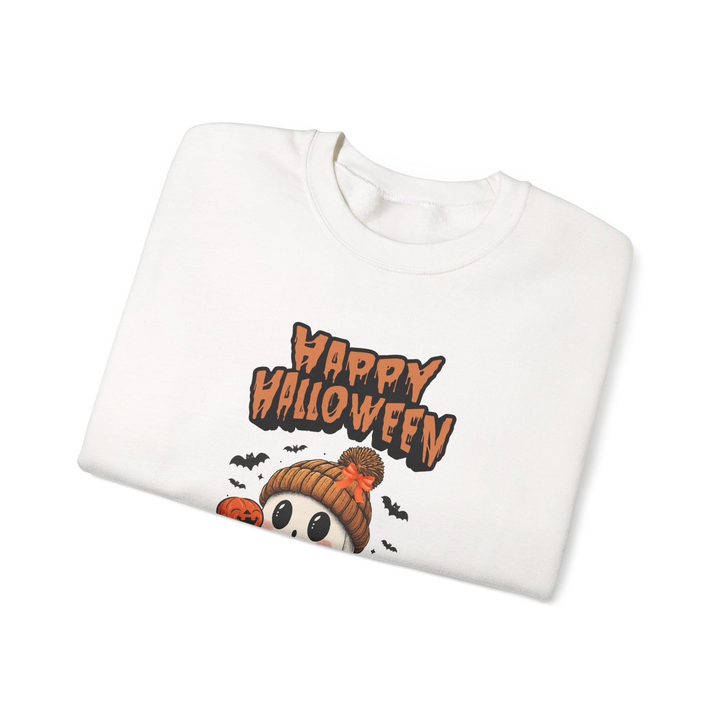 Cozy Halloween Sweatshirt, Unisex Crewneck with Ghost & Pumpkin Design, Fall Fashion, October Gifts, Spooky Season Apparel