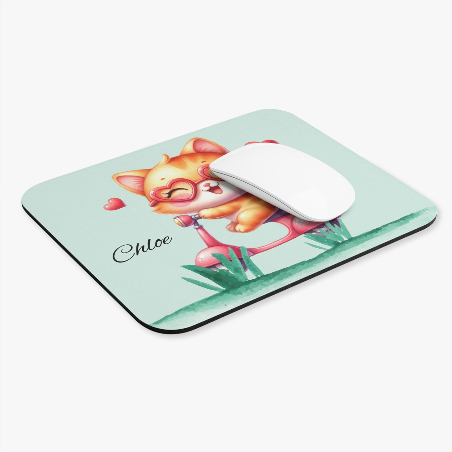 Cute Cat Scooter Personalized Mouse Pad — Custom Name 'Chloe'