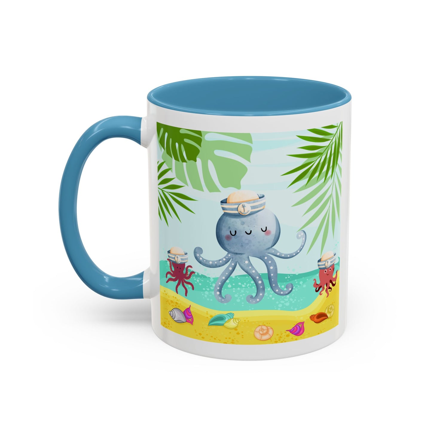 Octopus on a beach scene with tropical Coffee Mug
