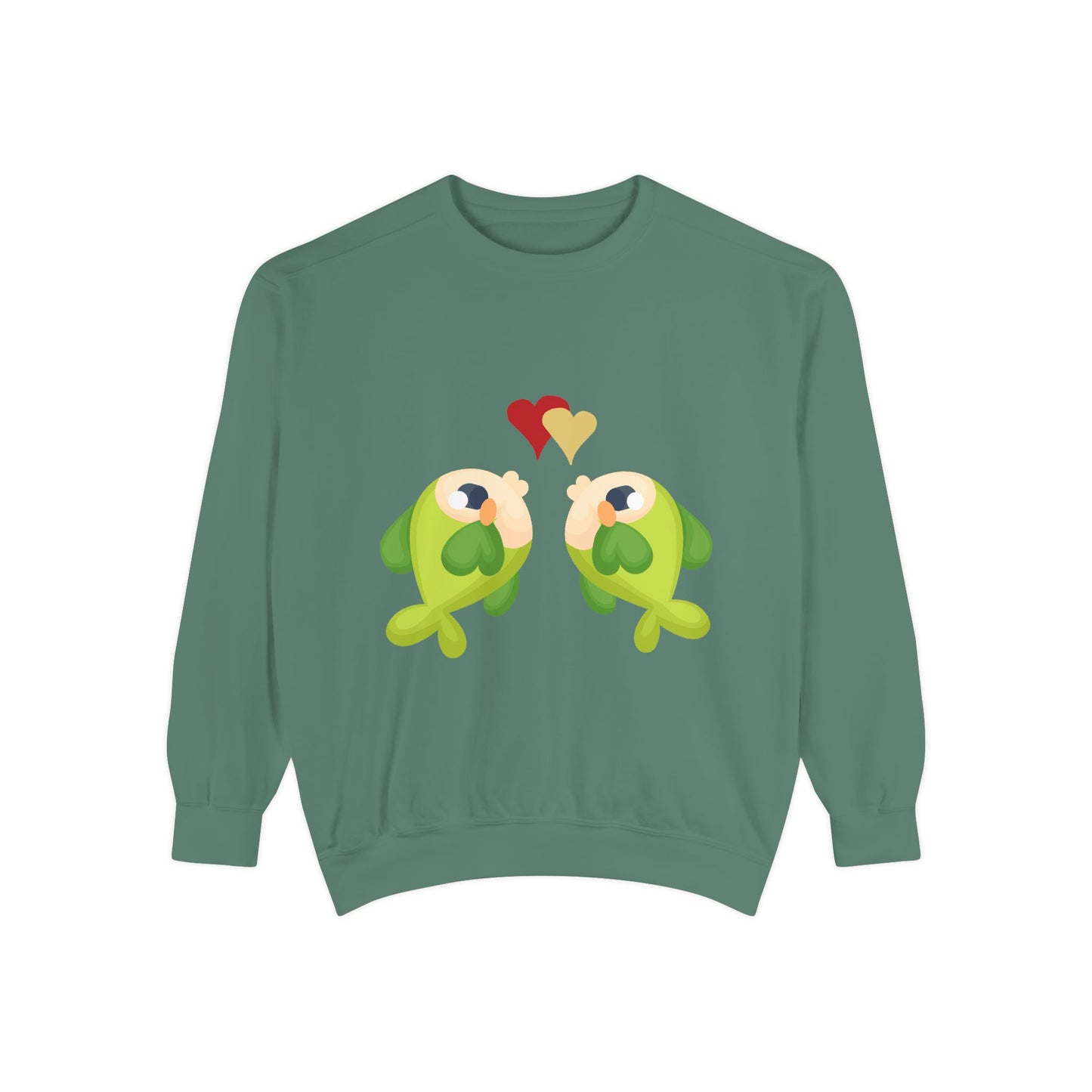 Two hearts float between the fish one red and one yellow Unisex Garment-Dyed Sweatshirt